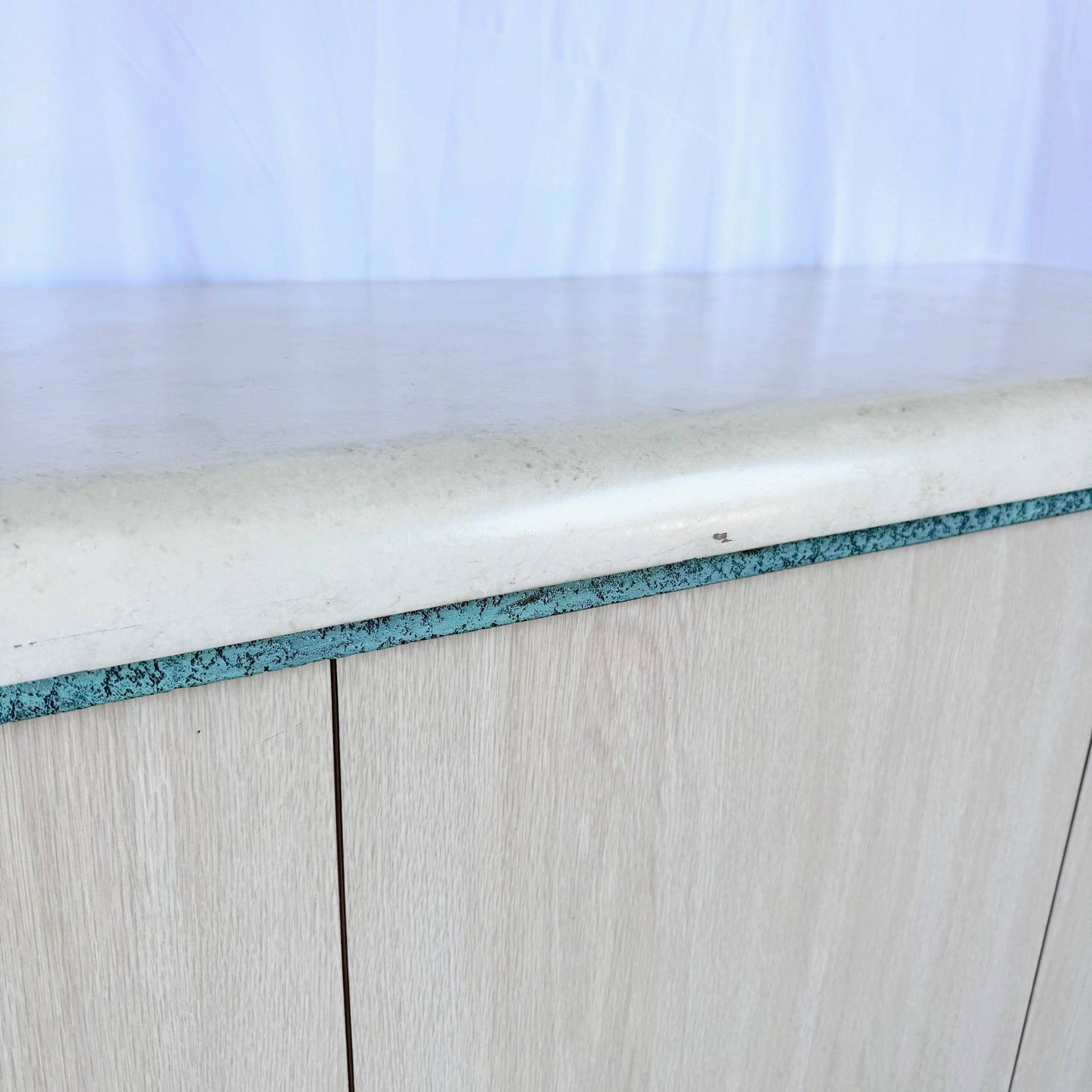 Postmodern Beige Wood Grain Laminate Credenza With Tribal Turquoise Metal Accents - Dolphin & Flamingo