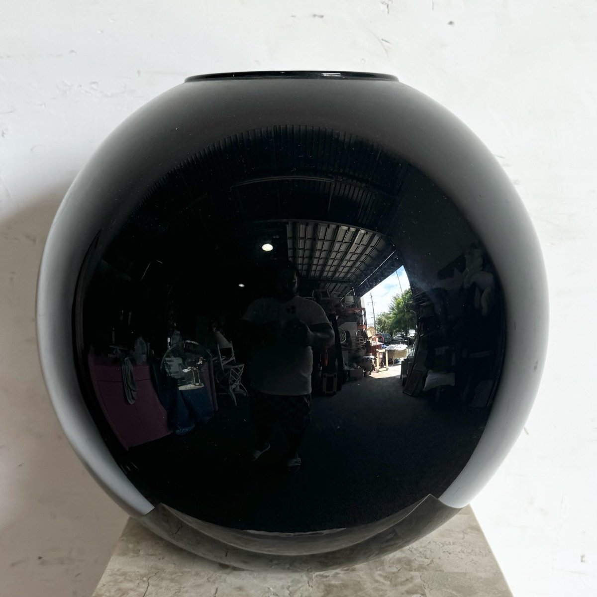 Postmodern Black Glass Ceramic Spherical Vase - Dolphin & Flamingo