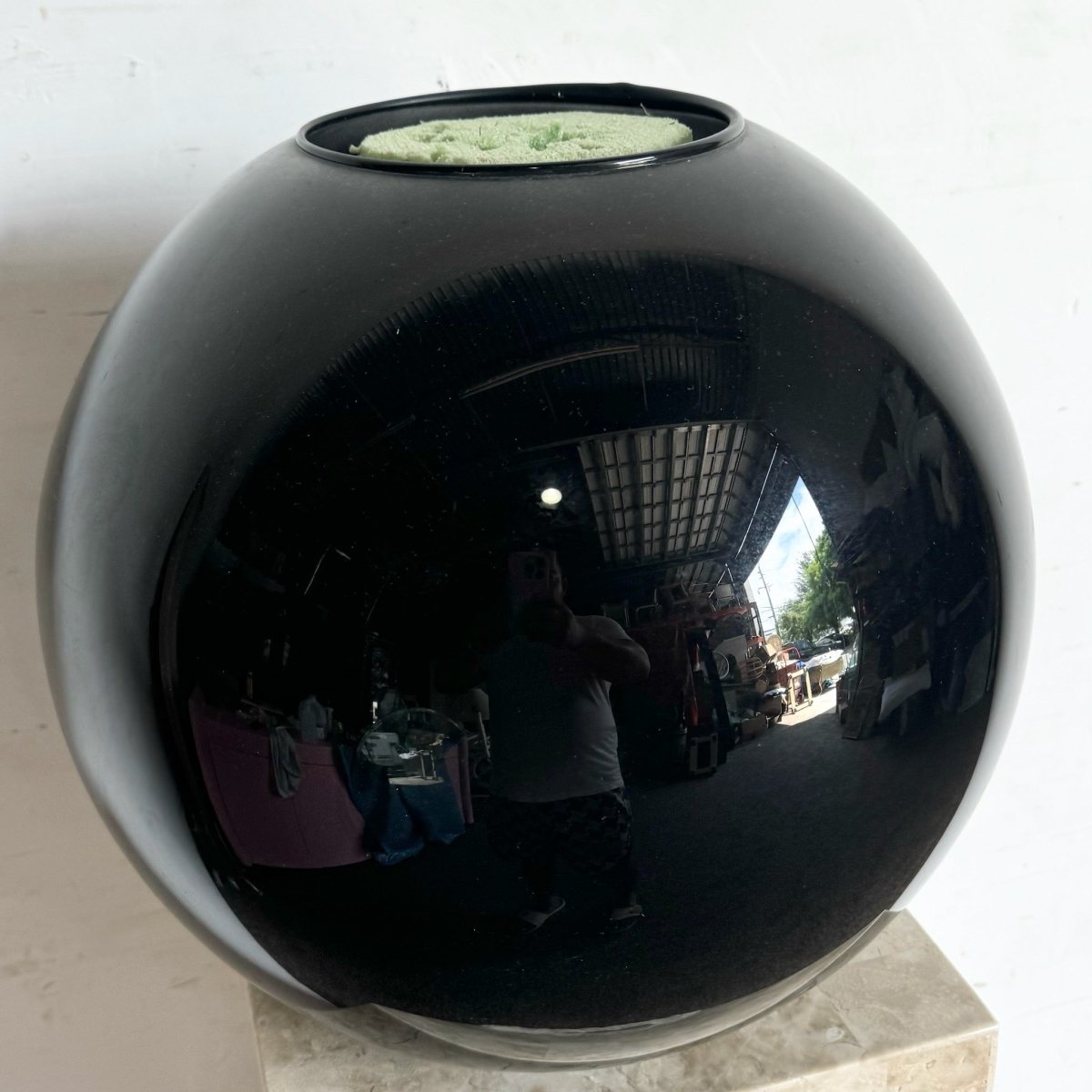 Postmodern Black Glass Ceramic Spherical Vase - Dolphin & Flamingo