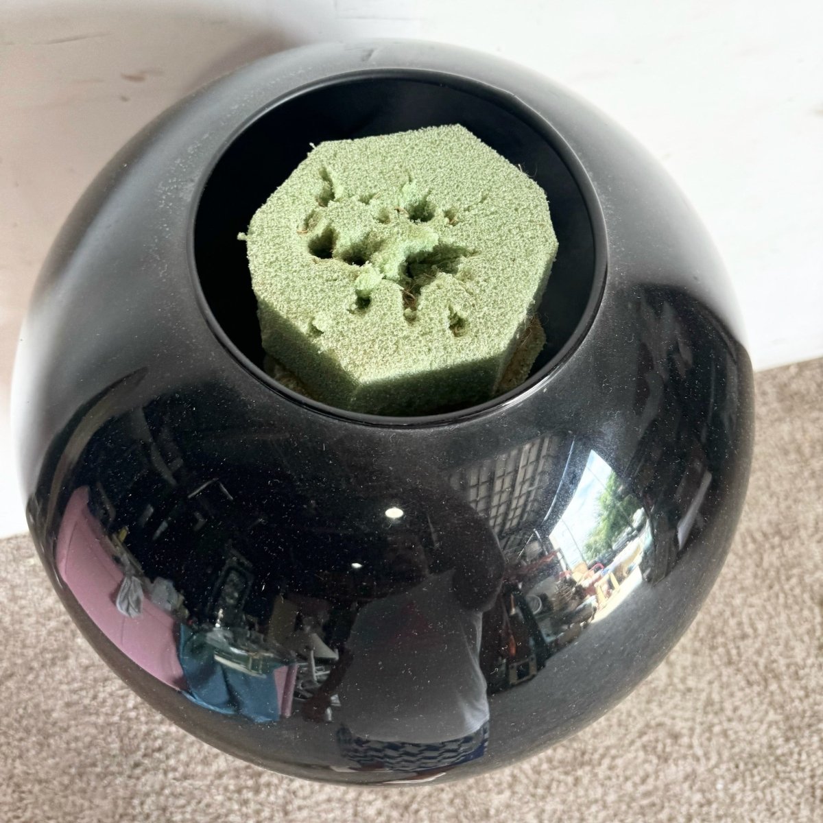 Postmodern Black Glass Ceramic Spherical Vase - Dolphin & Flamingo