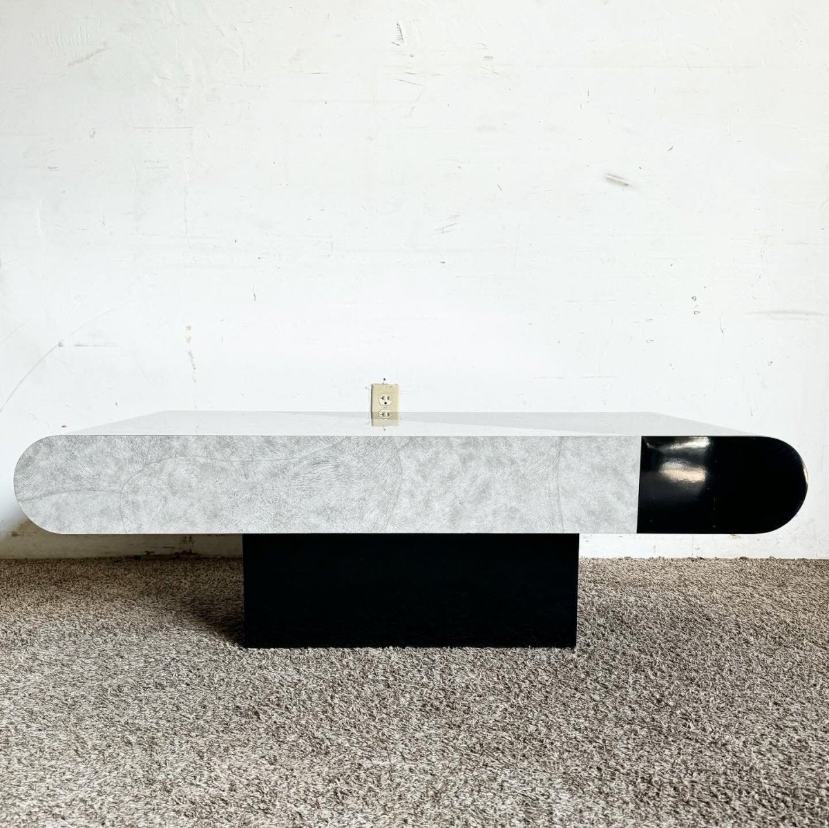 Postmodern Black Gloss and Faux Stone Laminate Bullnose Coffee Table - Dolphin & Flamingo