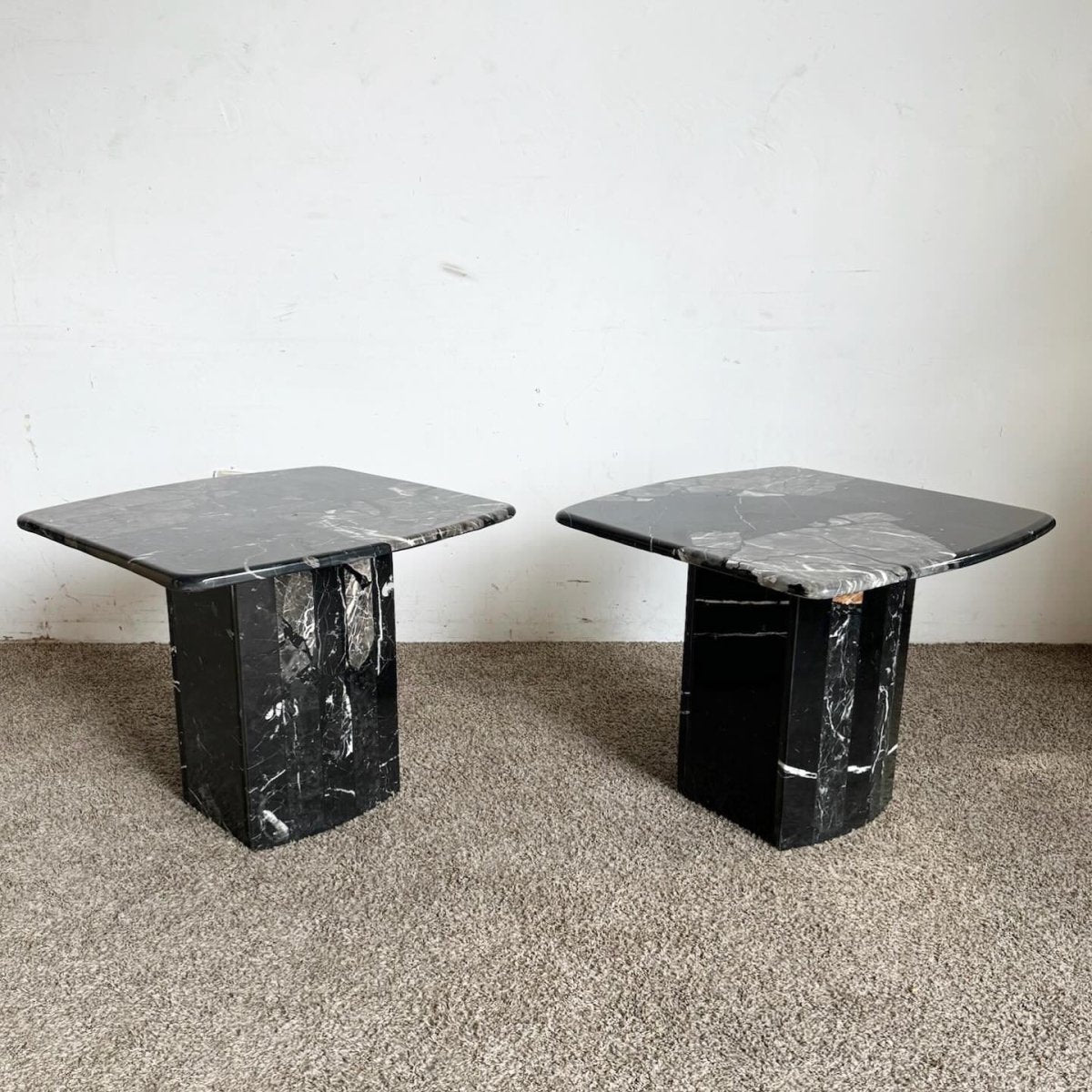 Postmodern Black Marble Side Tables on Scalloped Bases - a Pair - Dolphin & Flamingo