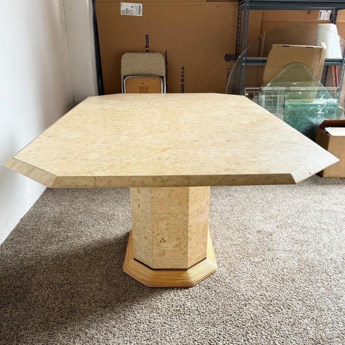 Postmodern Boho Tessellated Stone and Pencil Reed Dining Table - Dolphin & Flamingo
