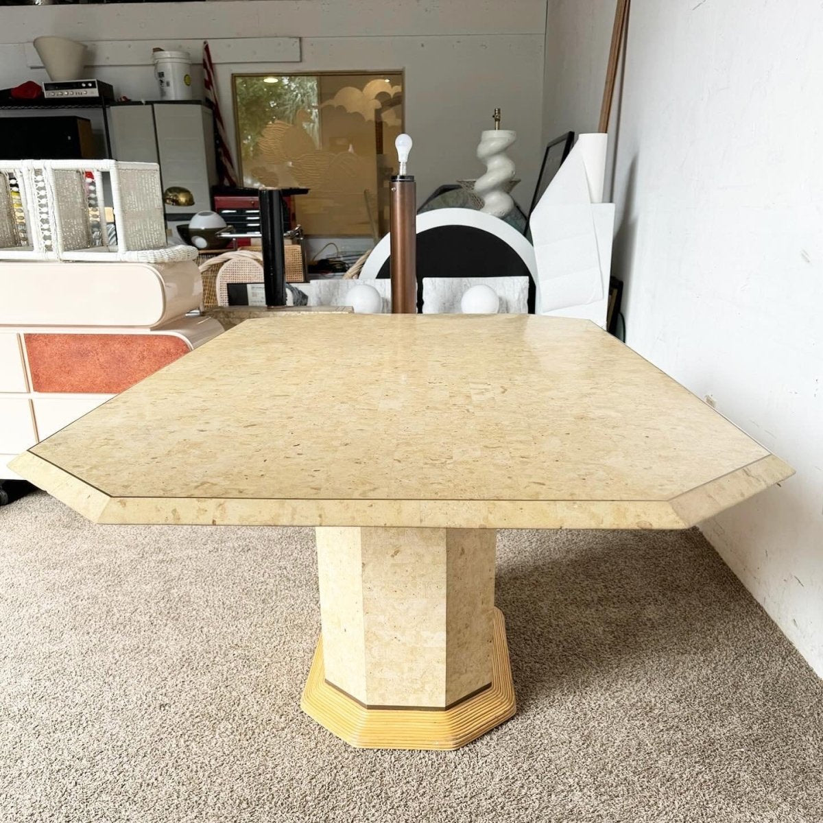 Postmodern Boho Tessellated Stone and Pencil Reed Dining Table - Dolphin & Flamingo