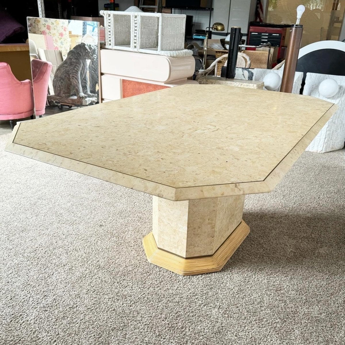 Postmodern Boho Tessellated Stone and Pencil Reed Dining Table - Dolphin & Flamingo
