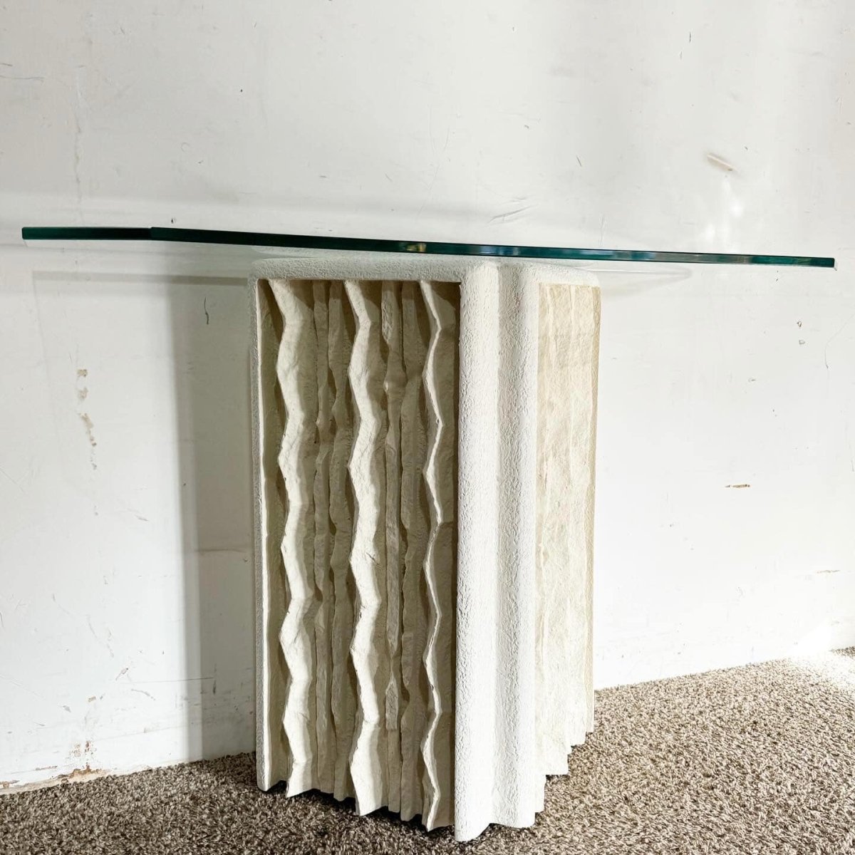Postmodern Cast Plaster Glass Top Console Table - Dolphin & Flamingo