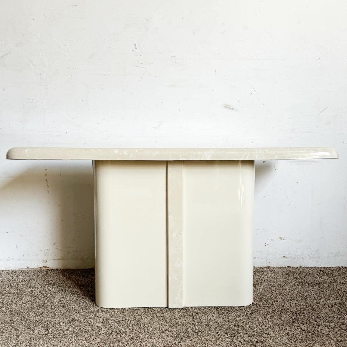 Postmodern Casted Cream Faux Marble Console Table - Dolphin & Flamingo