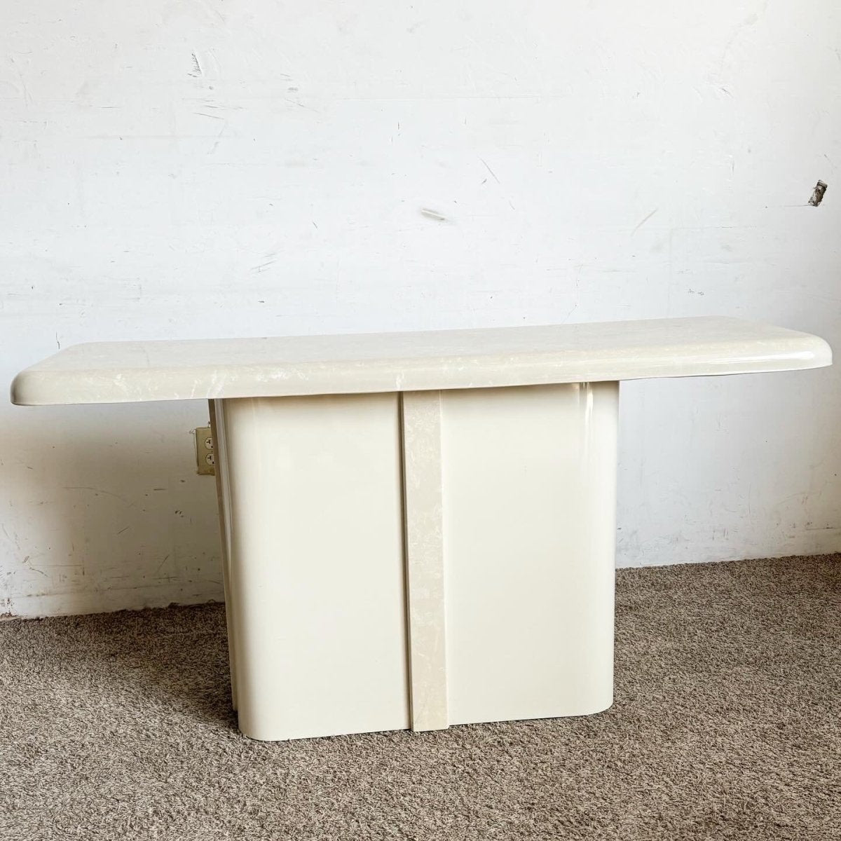 Postmodern Casted Cream Faux Marble Console Table - Dolphin & Flamingo