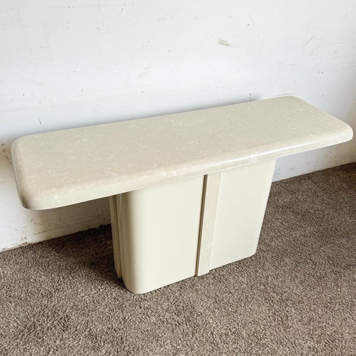 Postmodern Casted Cream Faux Marble Console Table - Dolphin & Flamingo