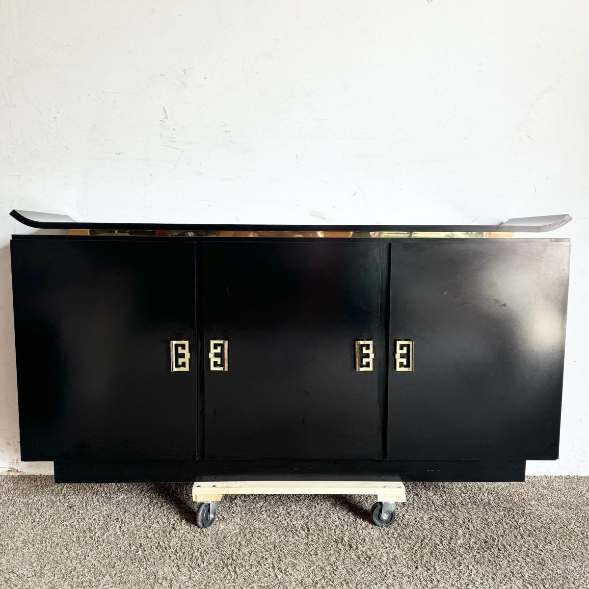 Postmodern Chinoiserie Black Lacquer Laminate Credenza With Gold Handles - Dolphin & Flamingo