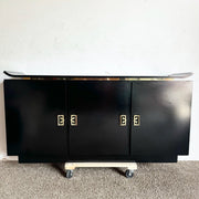 Postmodern Chinoiserie Black Lacquer Laminate Credenza With Gold Handles - Dolphin & Flamingo