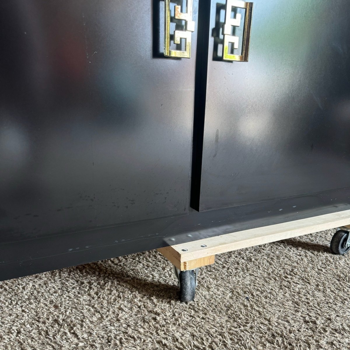 Postmodern Chinoiserie Black Lacquer Laminate Credenza With Gold Handles - Dolphin & Flamingo