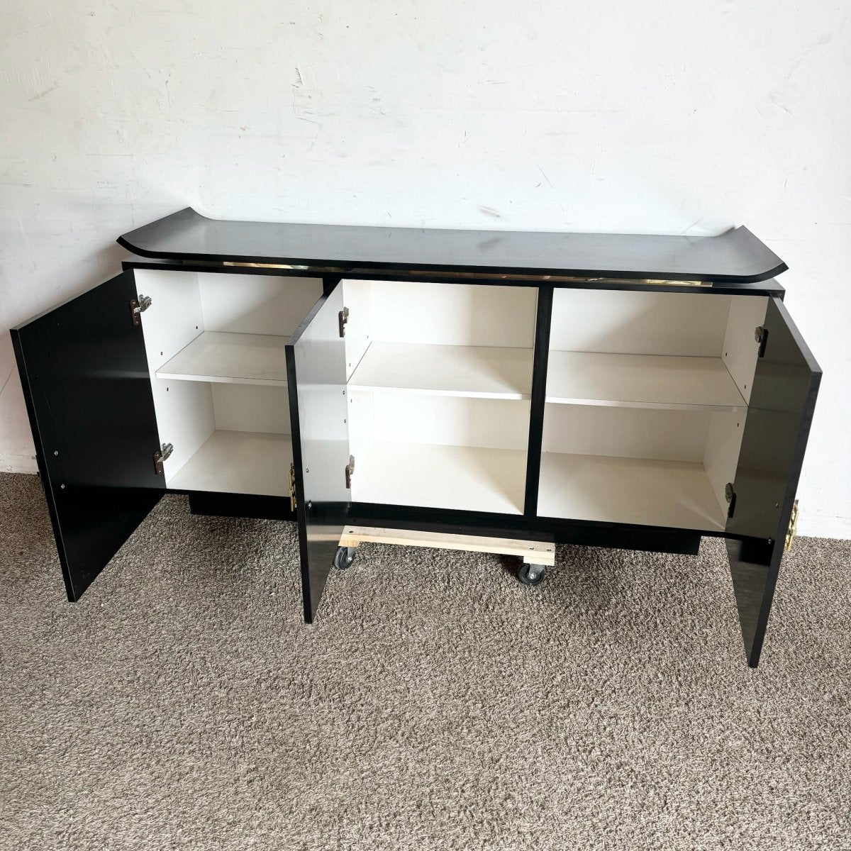 Postmodern Chinoiserie Black Lacquer Laminate Credenza With Gold Handles - Dolphin & Flamingo