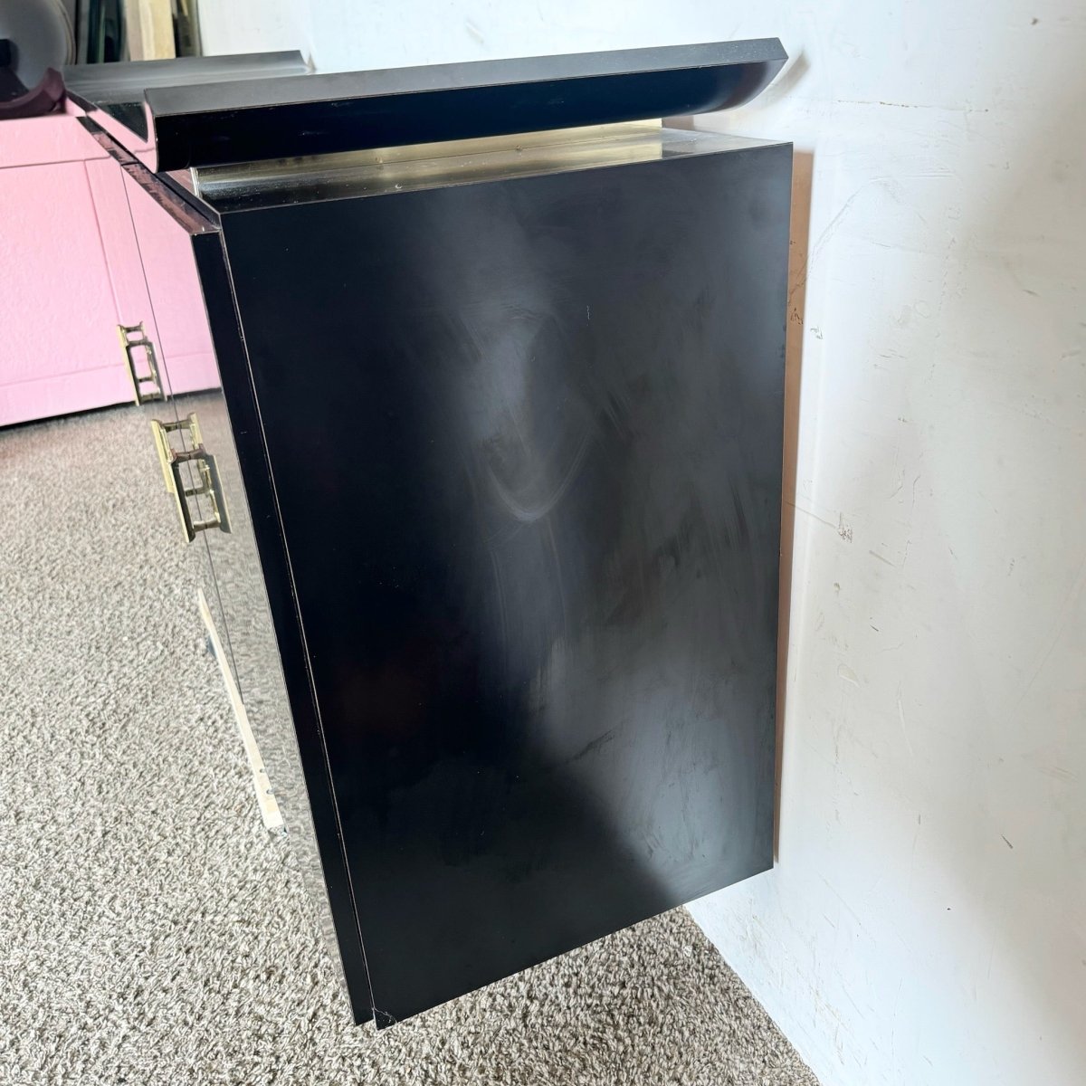 Postmodern Chinoiserie Black Lacquer Laminate Credenza With Gold Handles - Dolphin & Flamingo