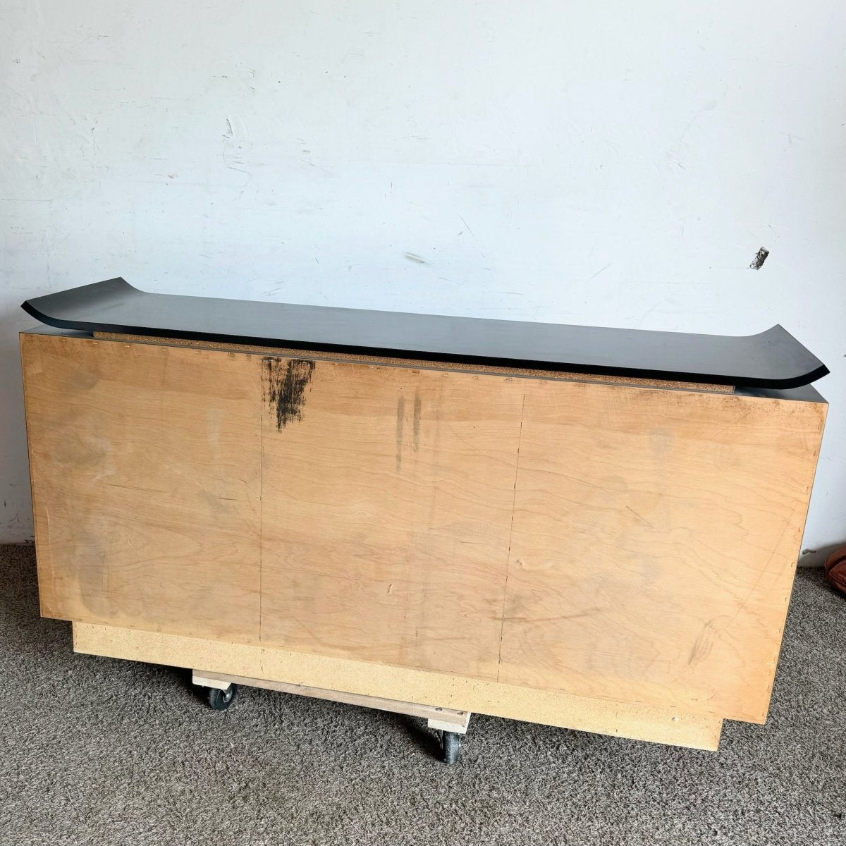 Postmodern Chinoiserie Black Lacquer Laminate Credenza With Gold Handles - Dolphin & Flamingo