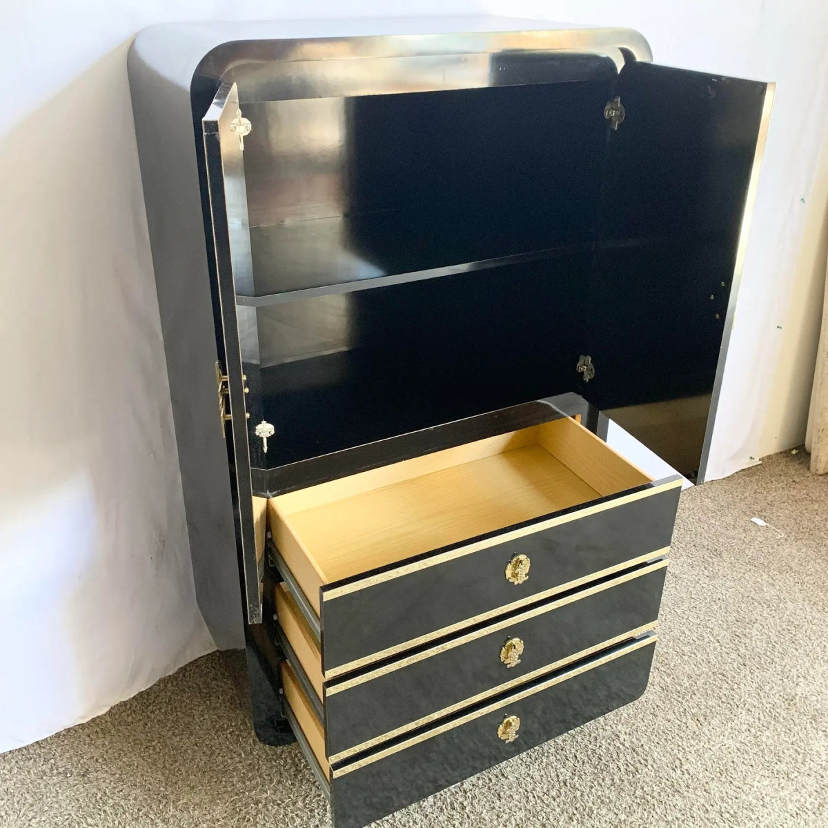 Postmodern Chinoiserie Black Lacquer Laminate Waterfall Armoire With Gold Accents - Dolphin & Flamingo