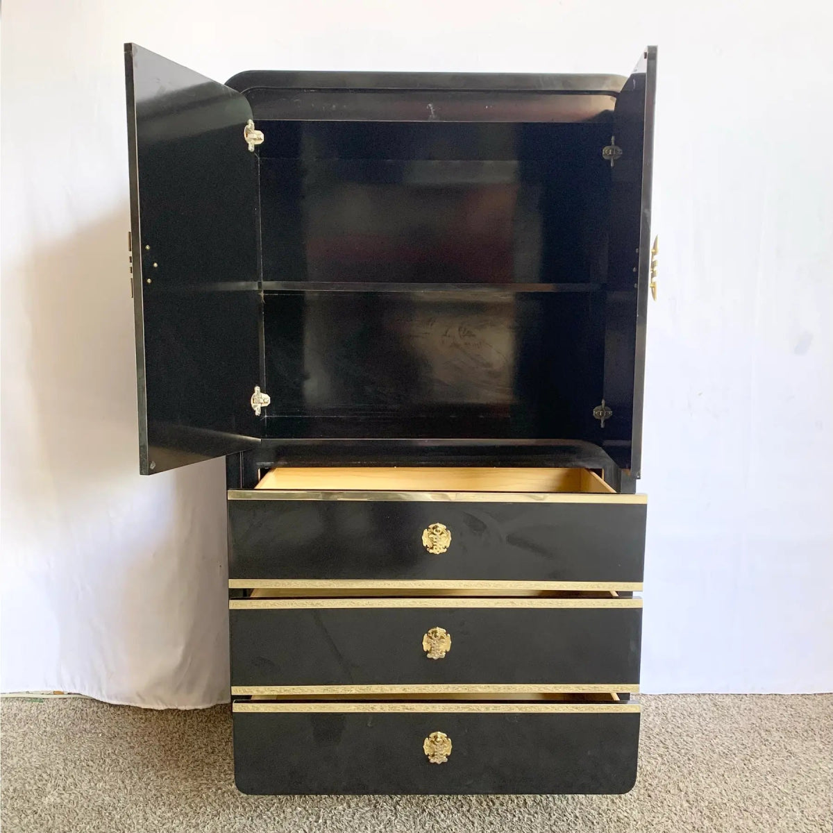 Postmodern Chinoiserie Black Lacquer Laminate Waterfall Armoire With Gold Accents - Dolphin & Flamingo