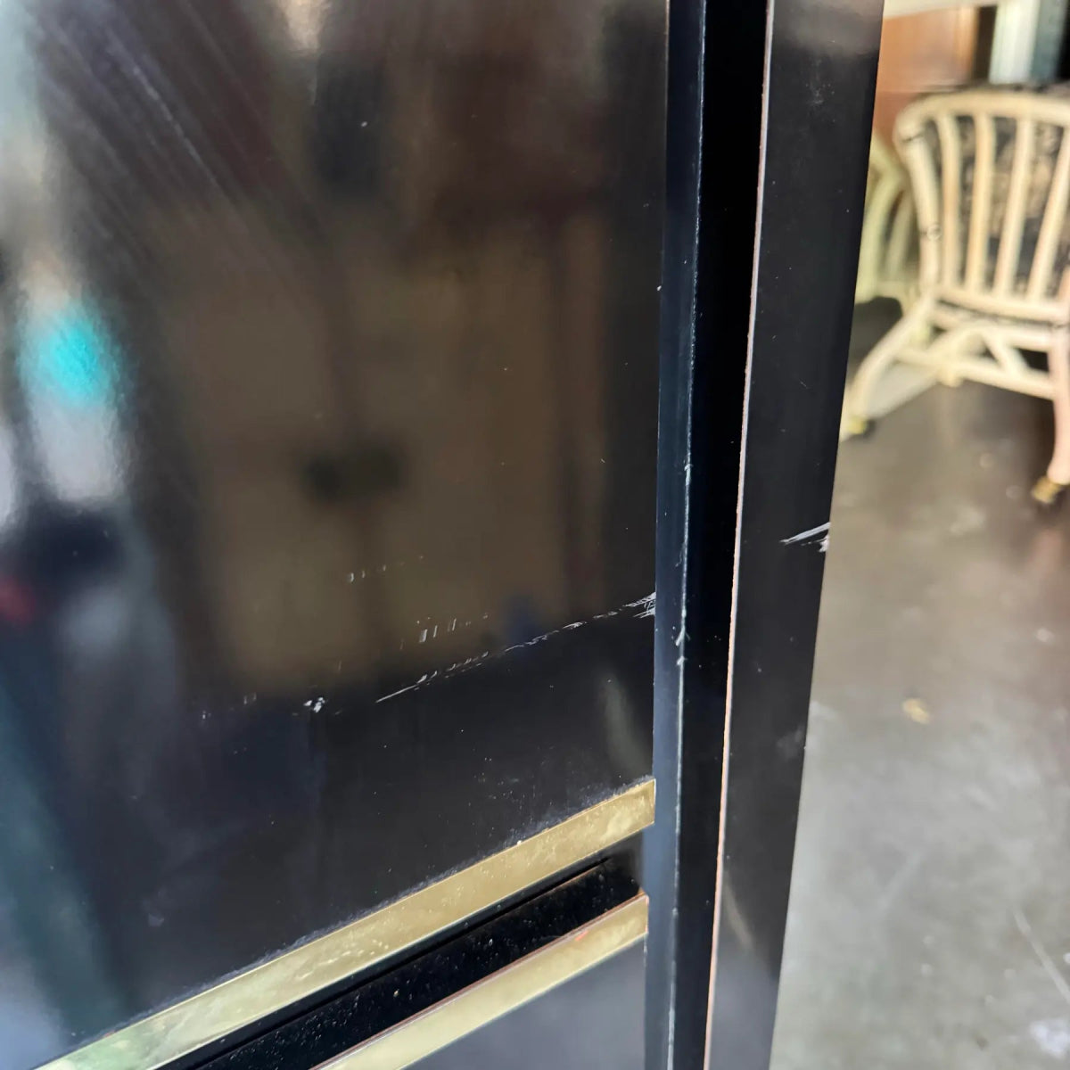 Postmodern Chinoiserie Black Lacquer Laminate Waterfall Armoire With Gold Accents - Dolphin & Flamingo