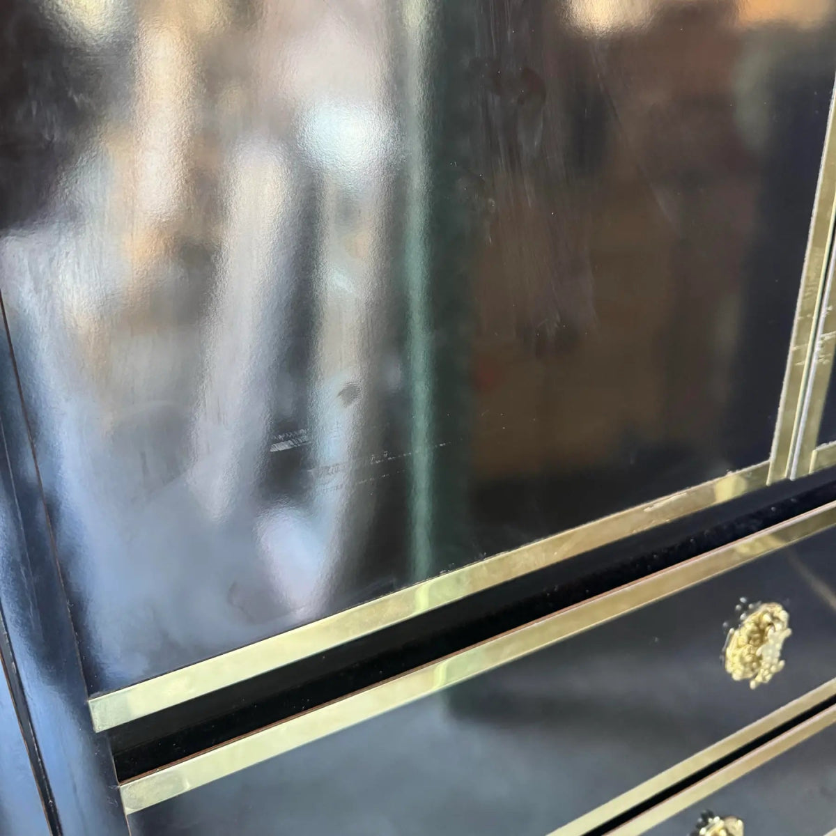 Postmodern Chinoiserie Black Lacquer Laminate Waterfall Armoire With Gold Accents - Dolphin & Flamingo