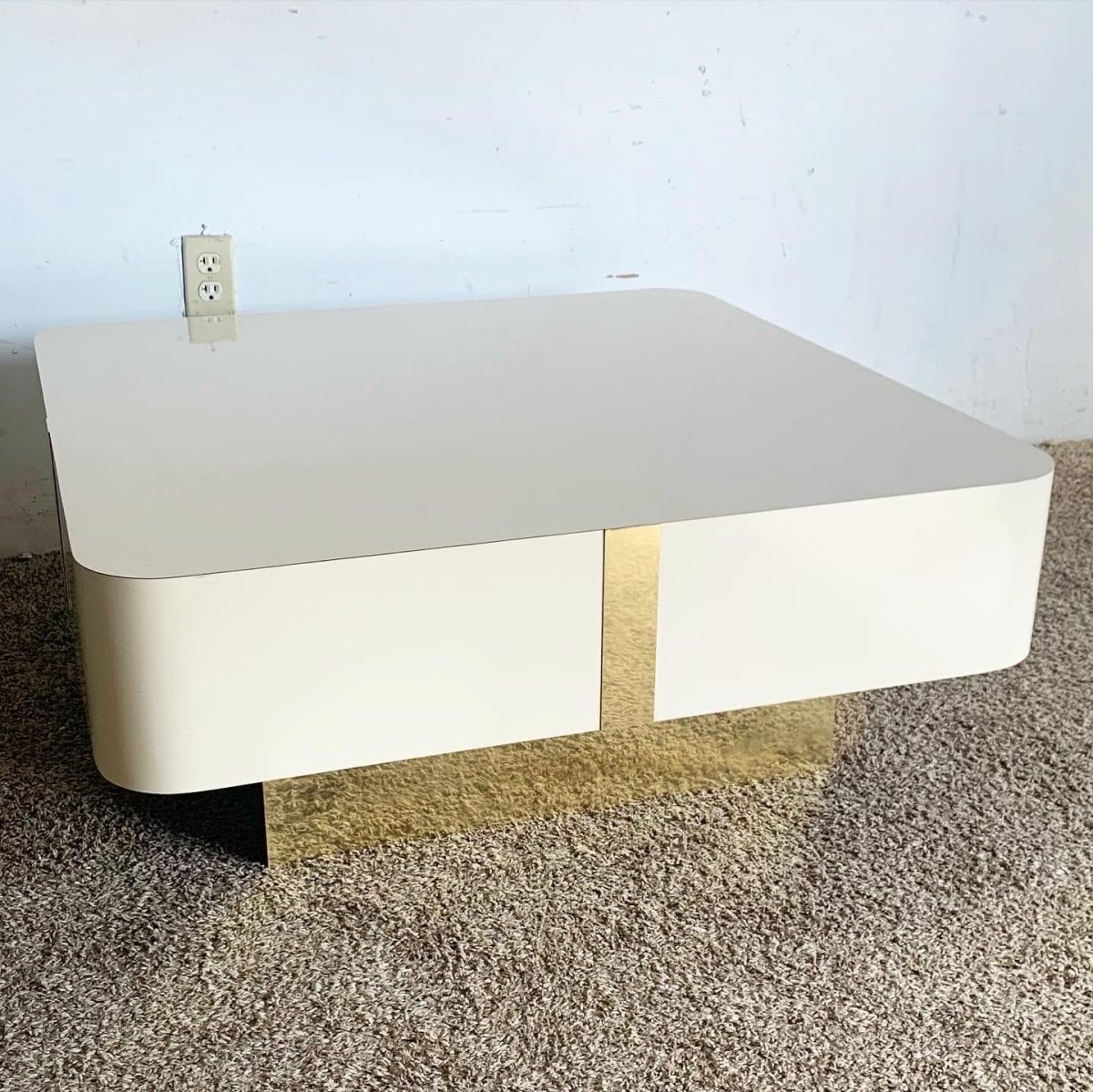 Postmodern Cream Lacquer Laminate Square Top Coffee Table With Gold Accents - Dolphin & Flamingo