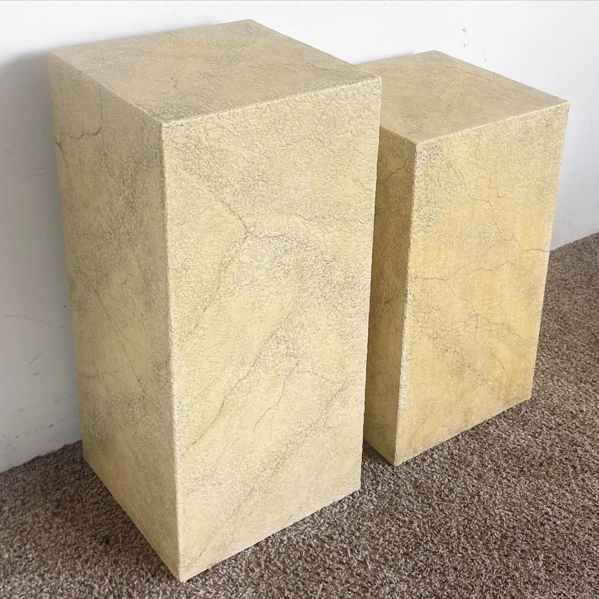 Postmodern Faux Beige Stone Pedestals - a Pair - Dolphin & Flamingo