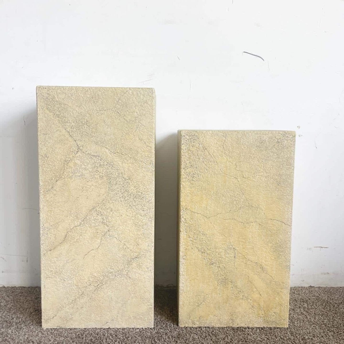 Postmodern Faux Beige Stone Pedestals - a Pair - Dolphin & Flamingo