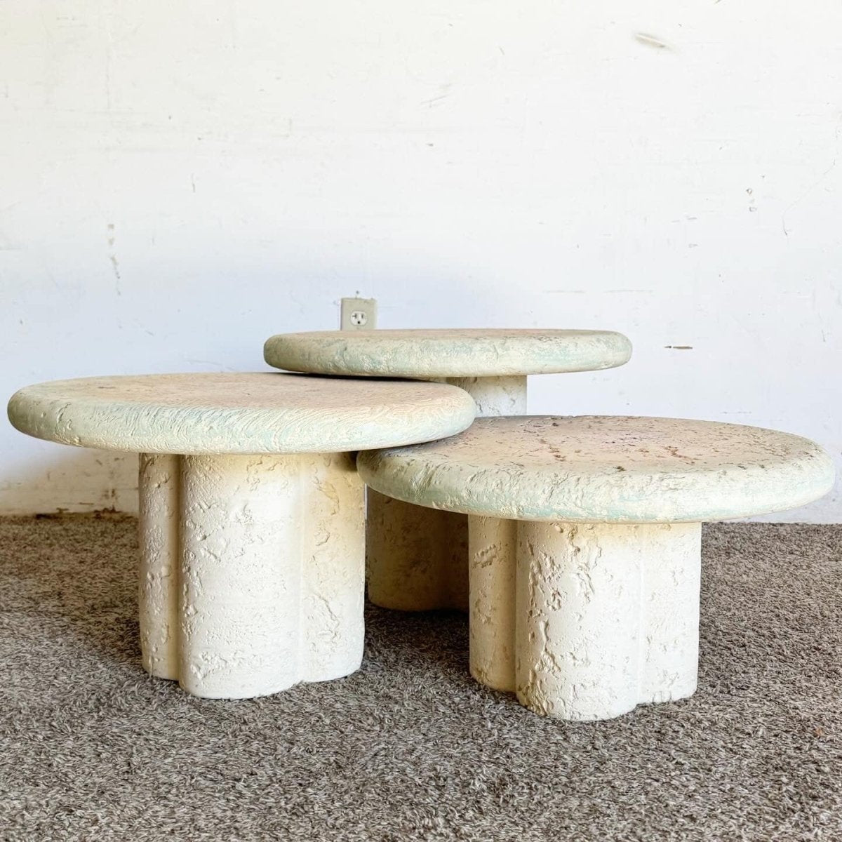 Postmodern Faux Coquina Coral Mushroom Nesting Tables - Set of 3 - Dolphin & Flamingo