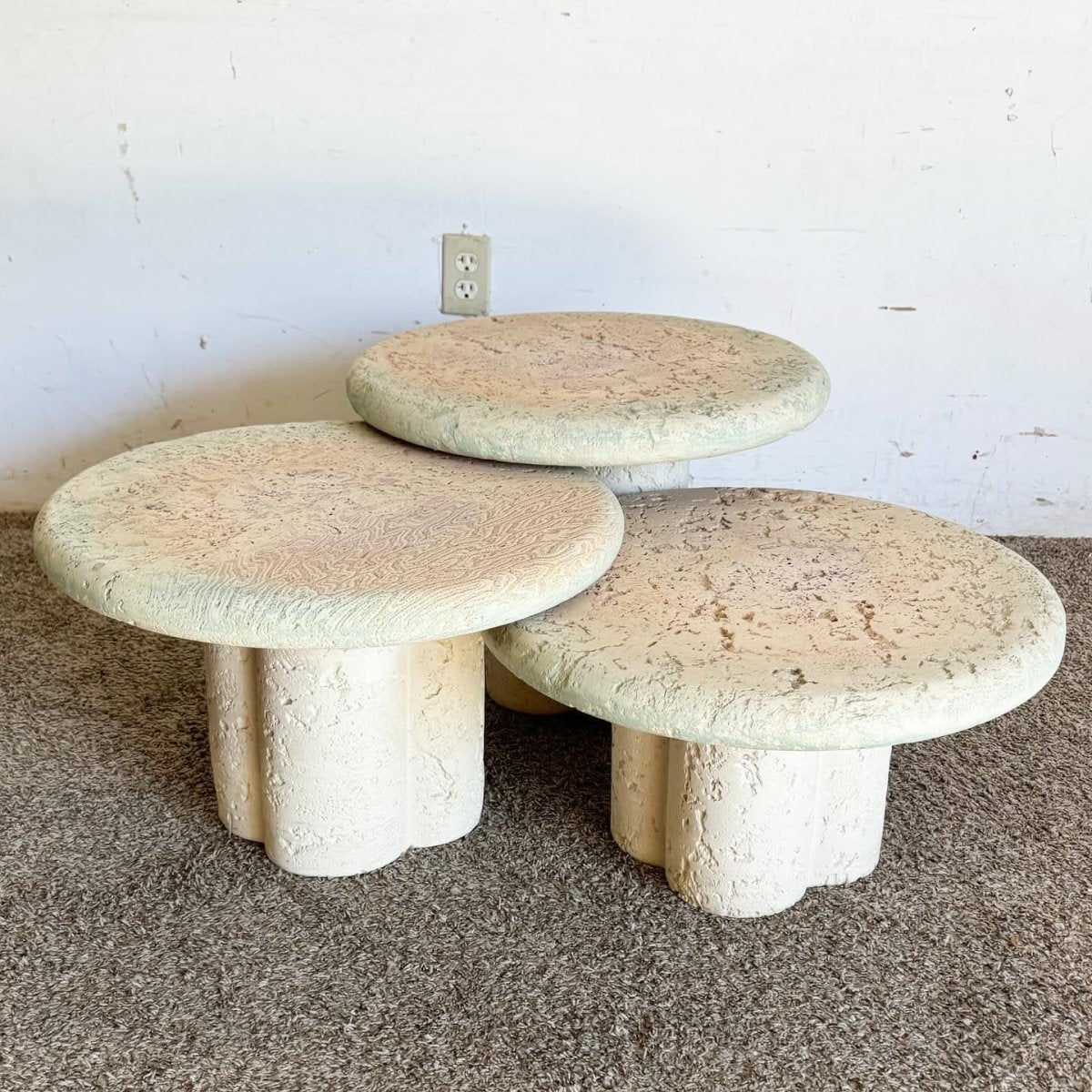 Postmodern Faux Coquina Coral Mushroom Nesting Tables - Set of 3 - Dolphin & Flamingo