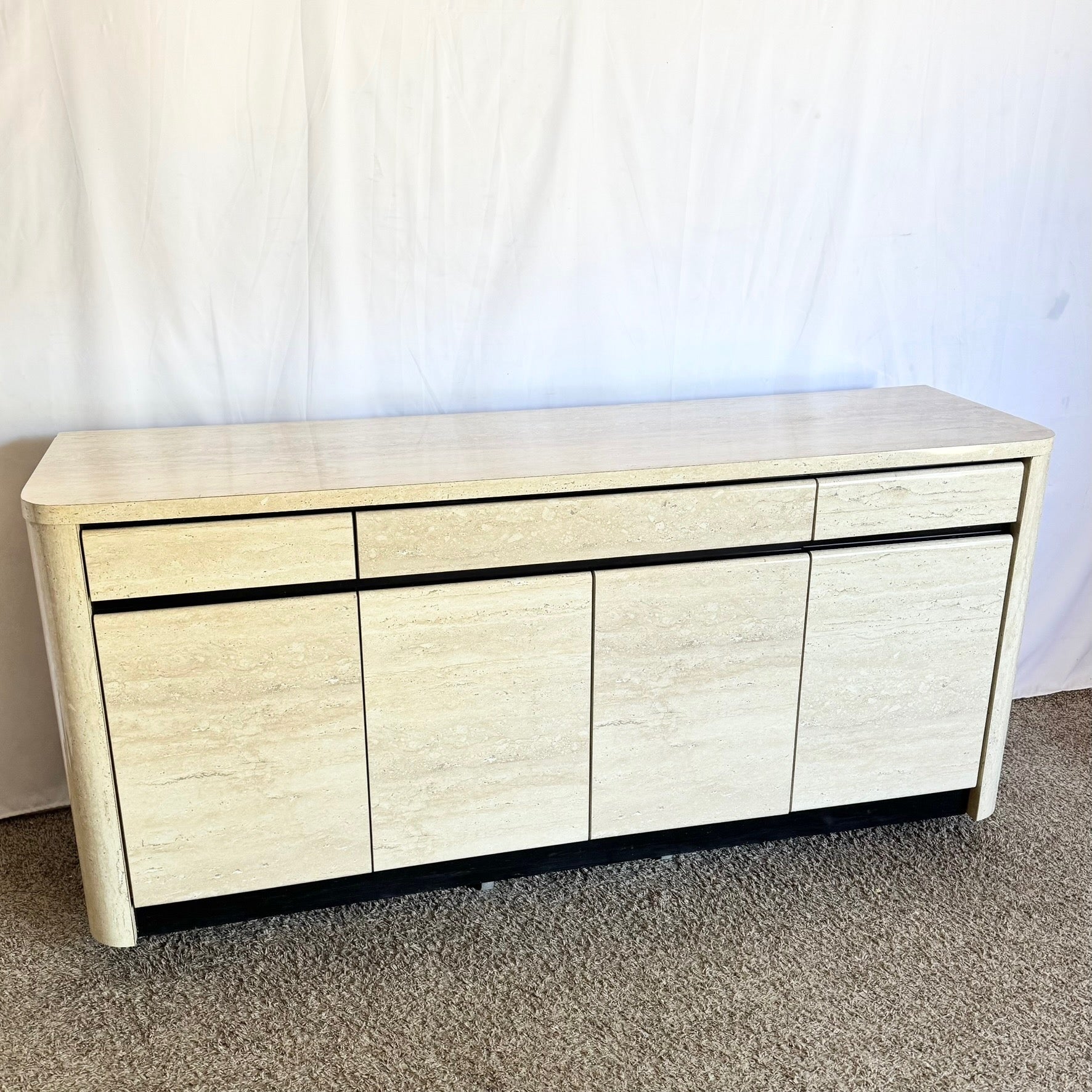 Postmodern Faux Travertine and Black Laminate Credenza - Dolphin & Flamingo