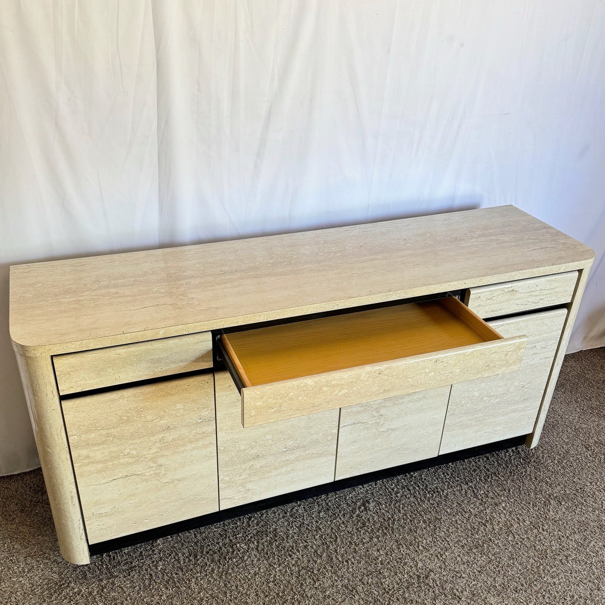 Postmodern Faux Travertine and Black Laminate Credenza - Dolphin & Flamingo