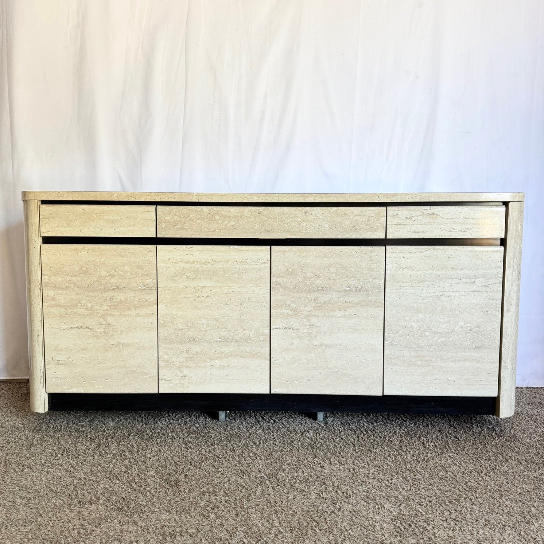 Postmodern Faux Travertine and Black Laminate Credenza - Dolphin & Flamingo