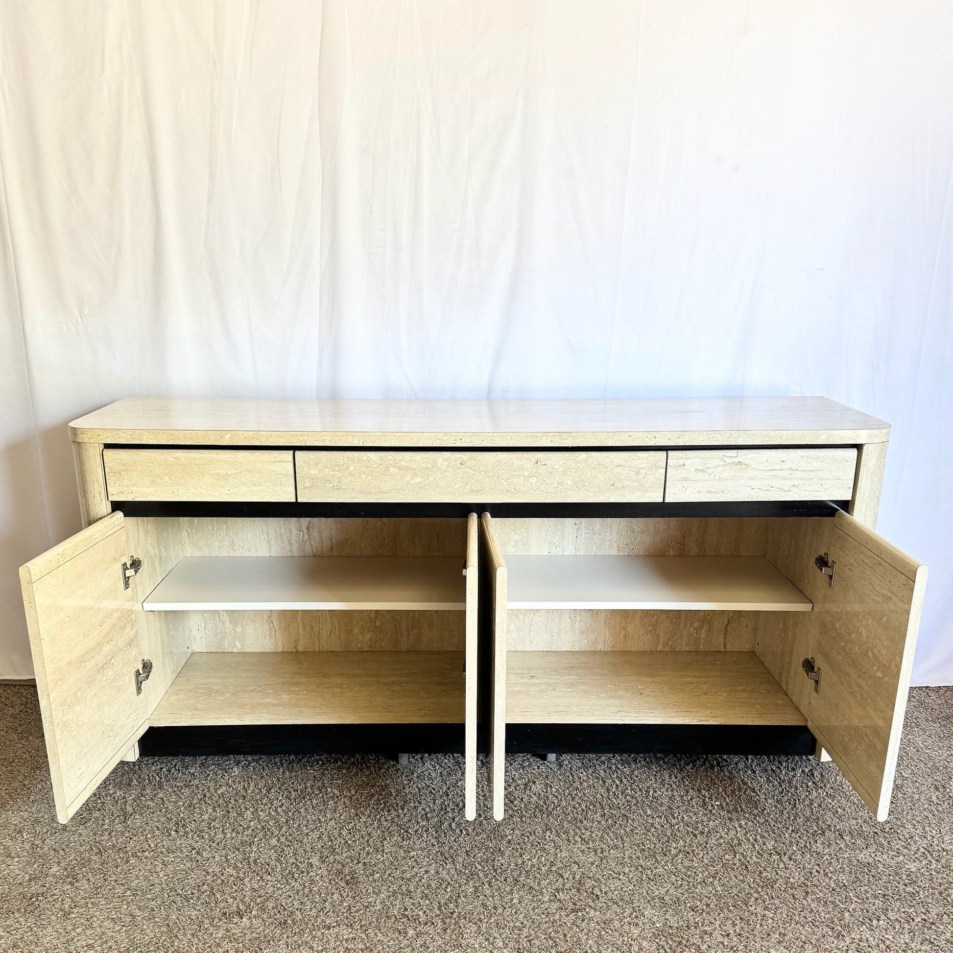 Postmodern Faux Travertine and Black Laminate Credenza - Dolphin & Flamingo