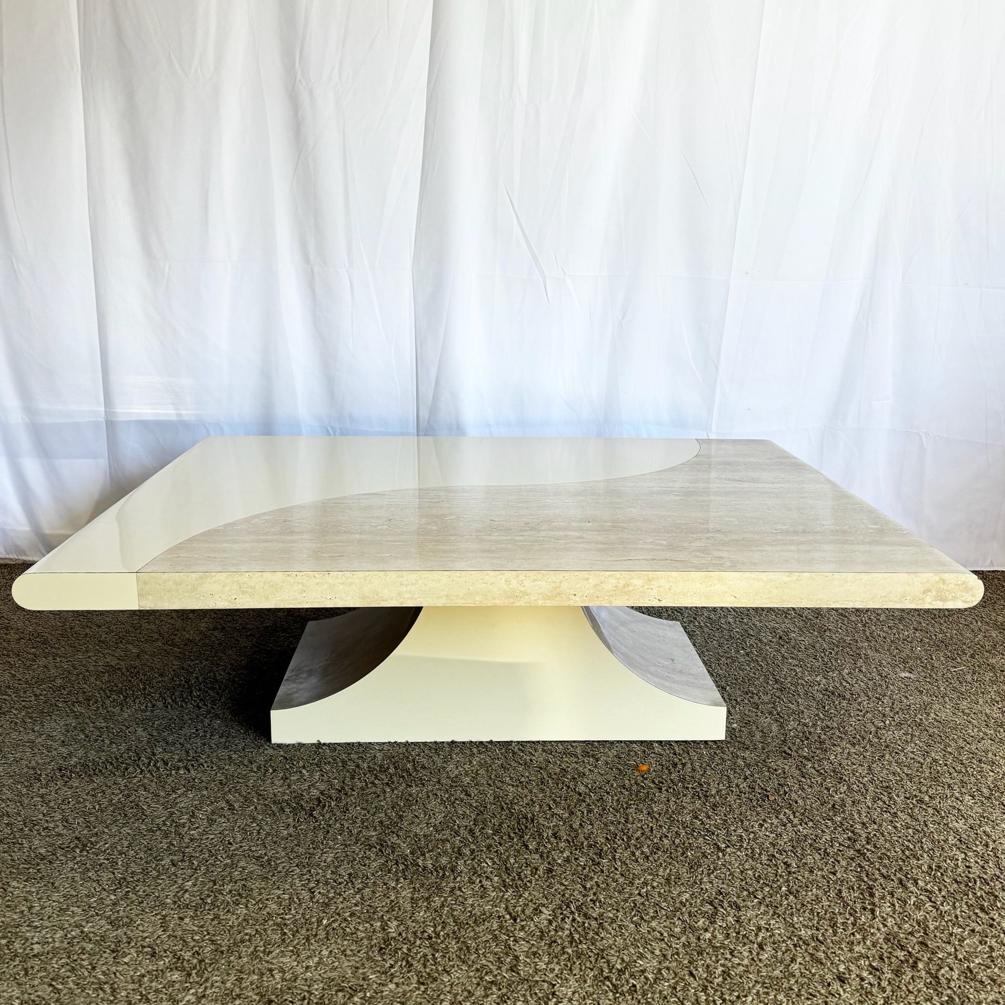 Postmodern Faux Travertine and Cream Laminate Sculpted Coffee Table - Dolphin & Flamingo