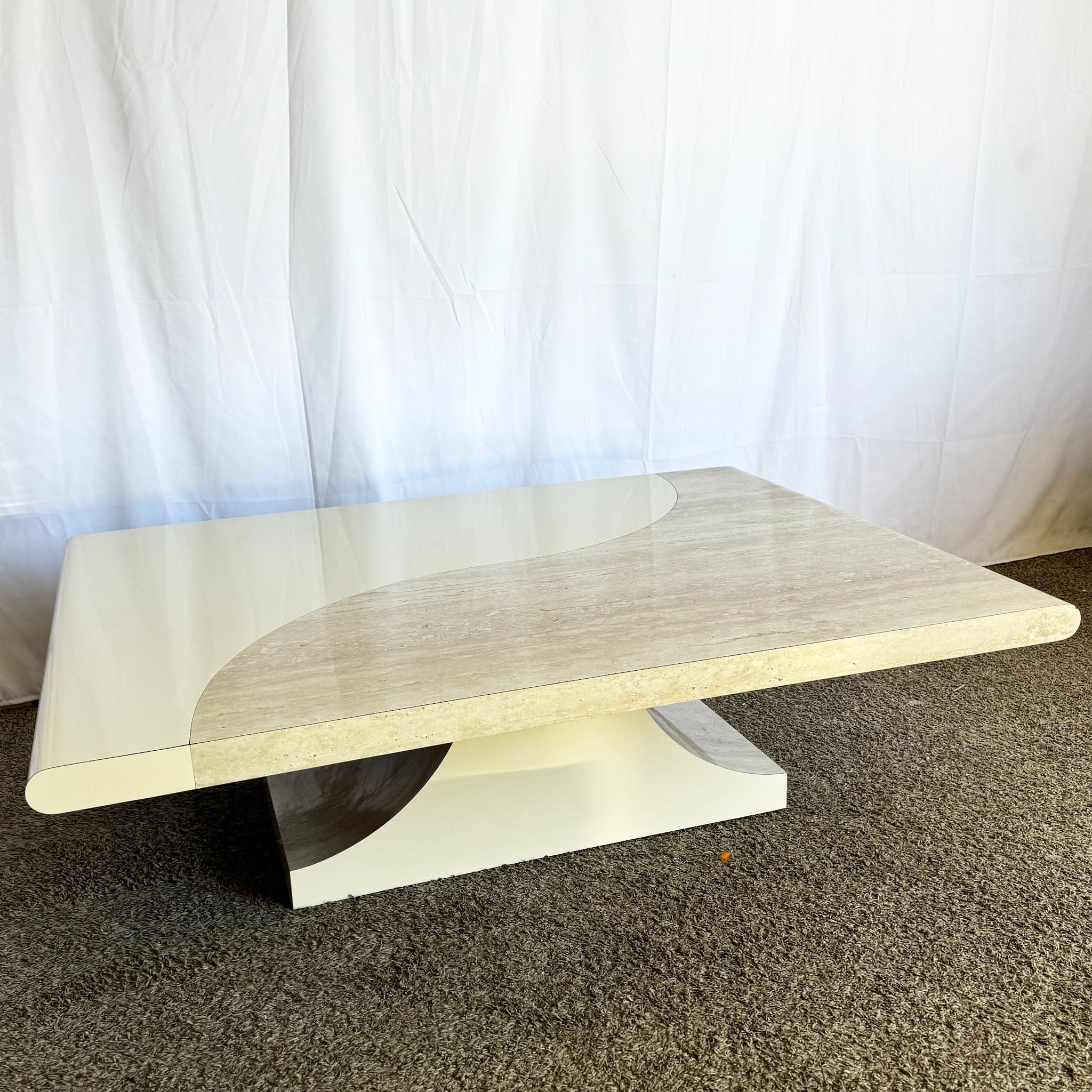 Postmodern Faux Travertine and Cream Laminate Sculpted Coffee Table - Dolphin & Flamingo