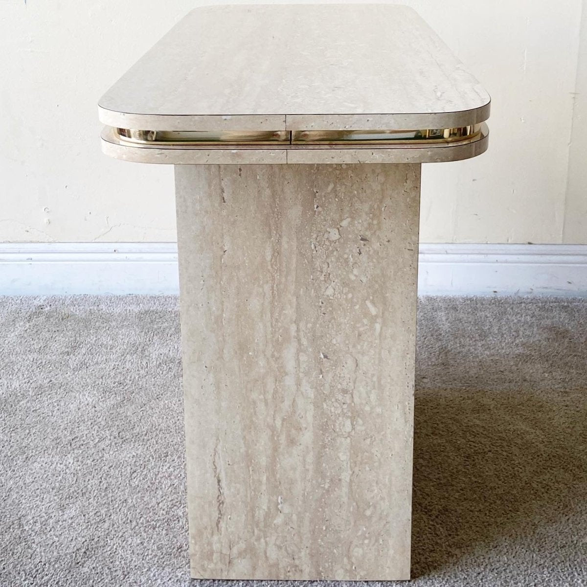 Postmodern Faux Travertine Laminate Console Table With Gold Trim - Dolphin & Flamingo