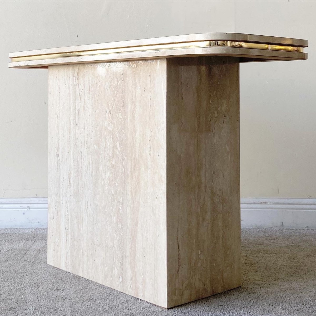 Postmodern Faux Travertine Laminate Console Table With Gold Trim - Dolphin & Flamingo