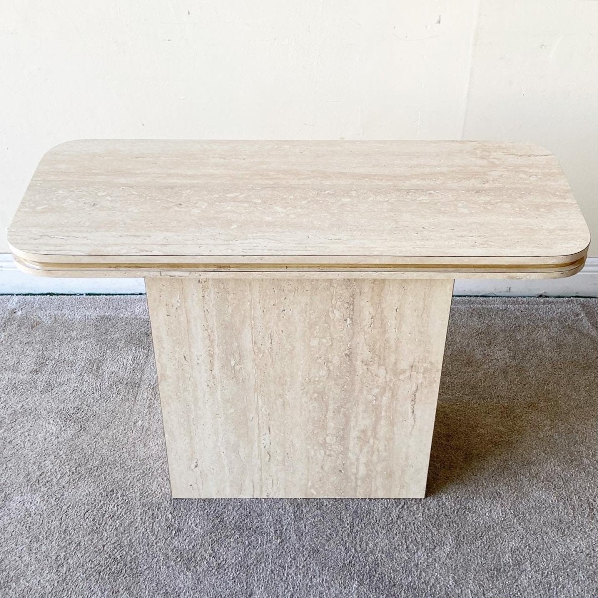 Postmodern Faux Travertine Laminate Console Table With Gold Trim - Dolphin & Flamingo