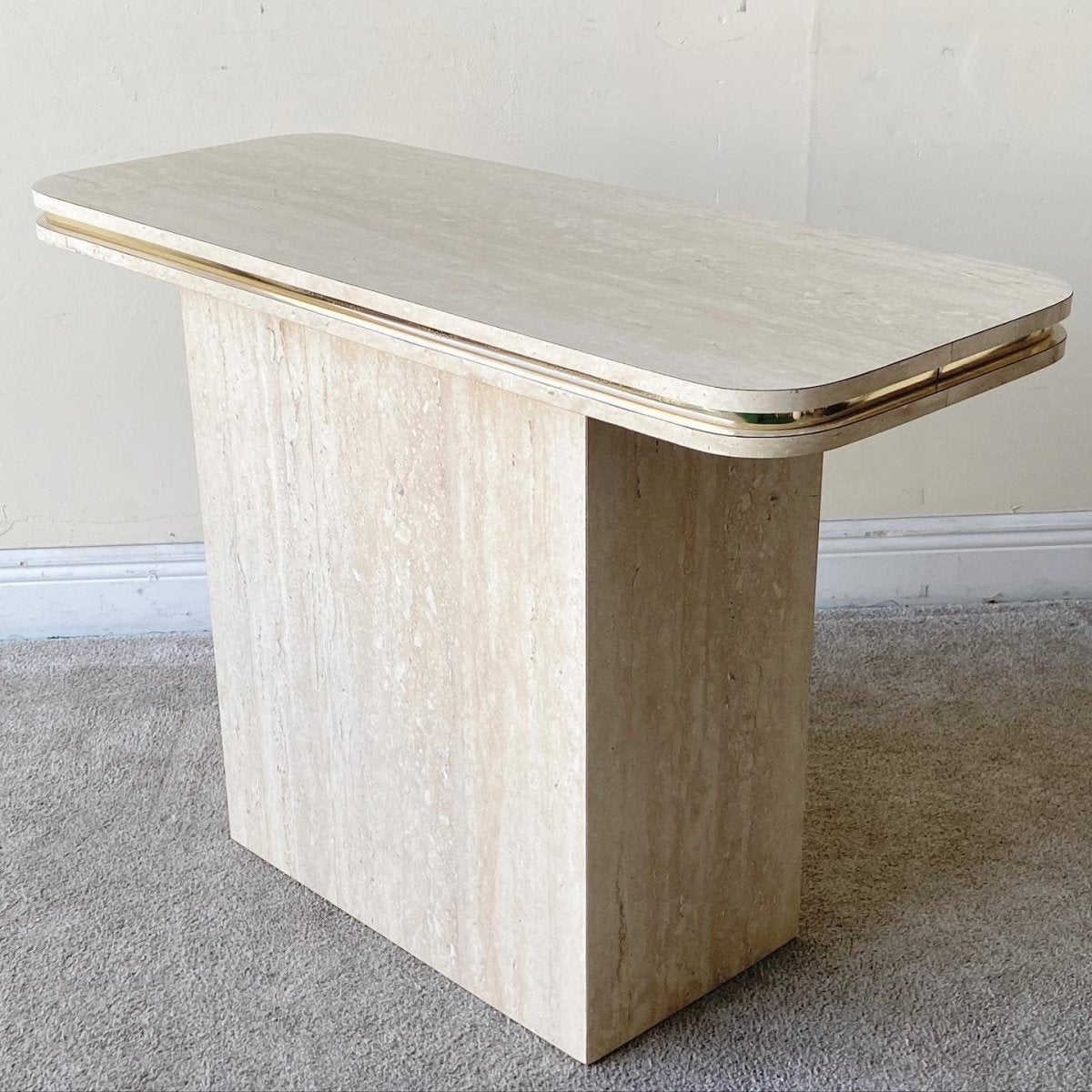 Postmodern Faux Travertine Laminate Console Table With Gold Trim - Dolphin & Flamingo