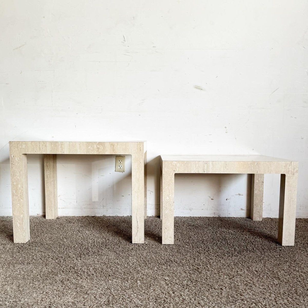 Postmodern Faux Travertine Laminate Parsons Side Tables - a Pair - Dolphin & Flamingo