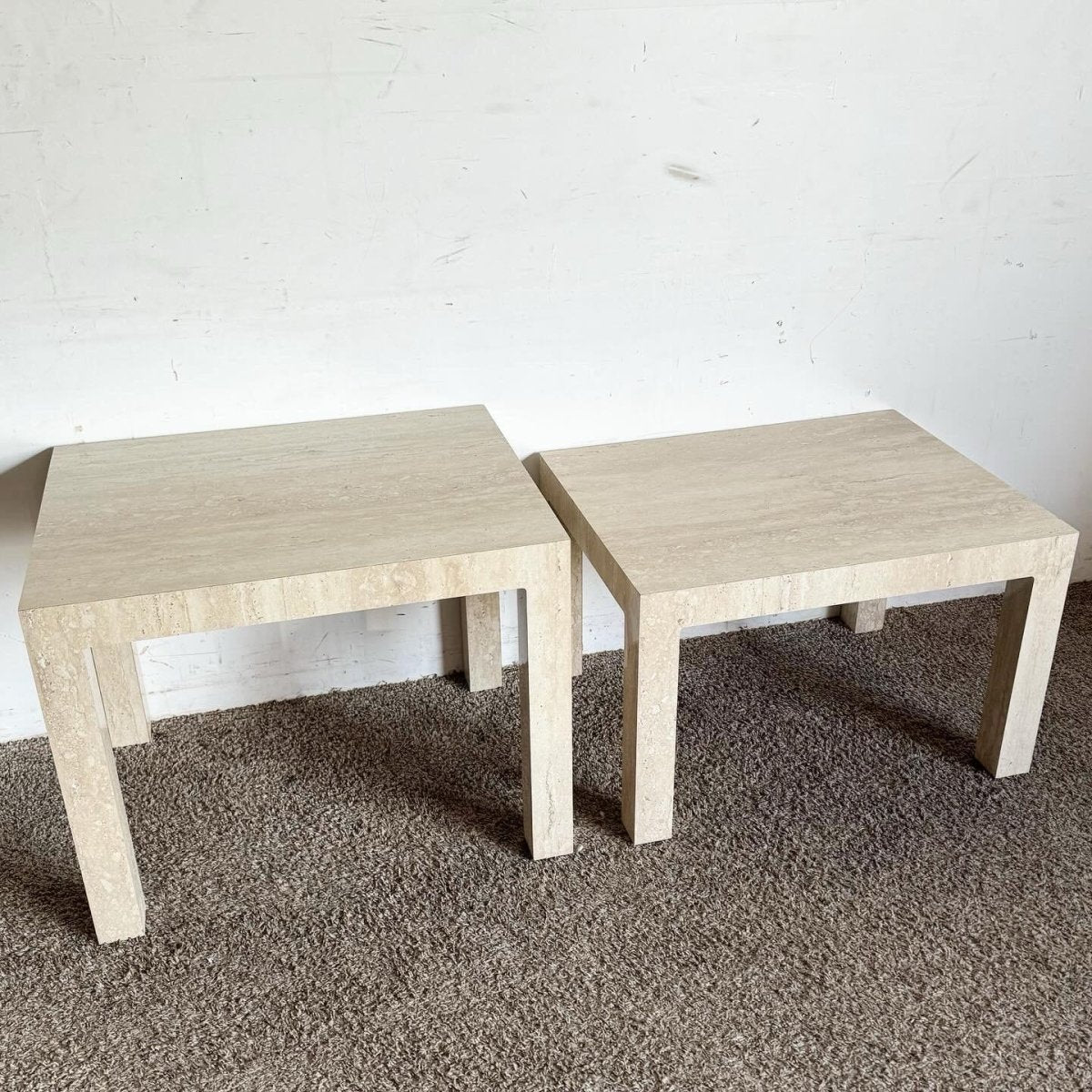 Postmodern Faux Travertine Laminate Parsons Side Tables - a Pair - Dolphin & Flamingo