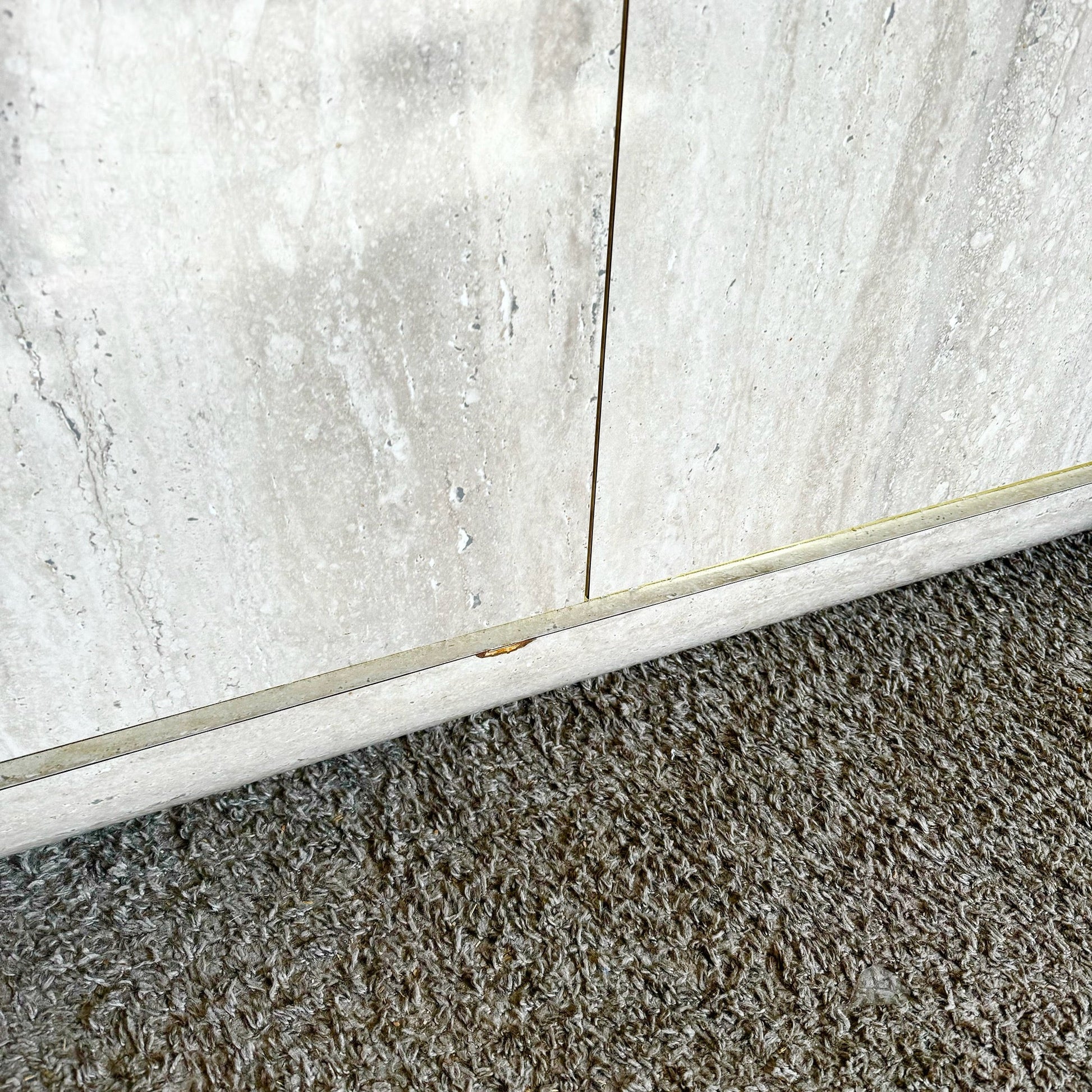 Postmodern Faux Travertine Laminate Waterfall Credenza With Gold Accent - Dolphin & Flamingo