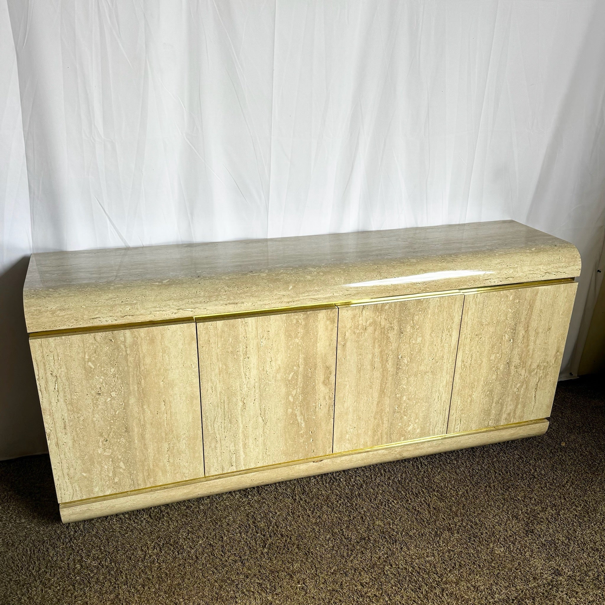 Postmodern Faux Travertine Laminate Waterfall Credenza With Gold Accent - Dolphin & Flamingo