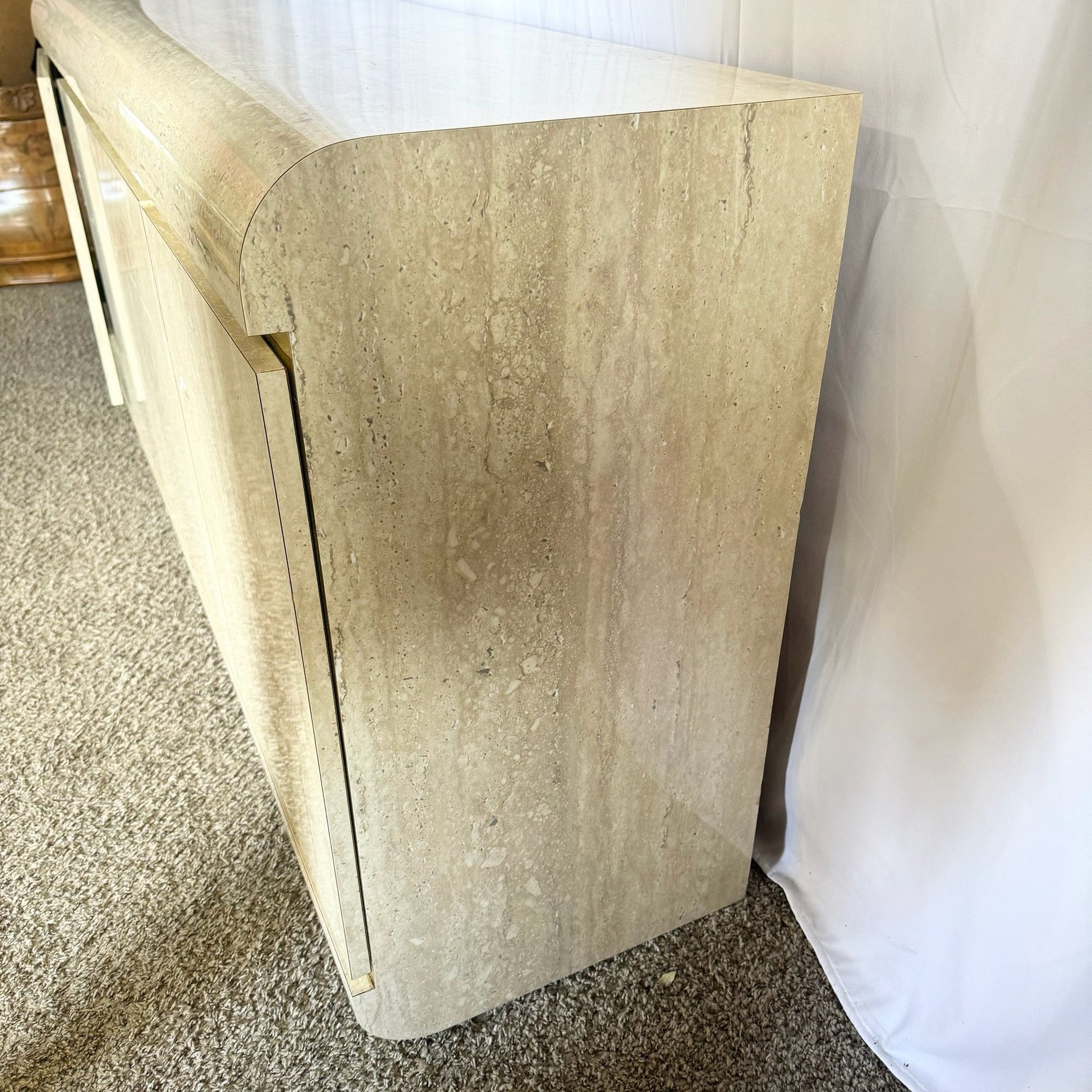 Postmodern Faux Travertine Laminate Waterfall Credenza With Gold Accent - Dolphin & Flamingo