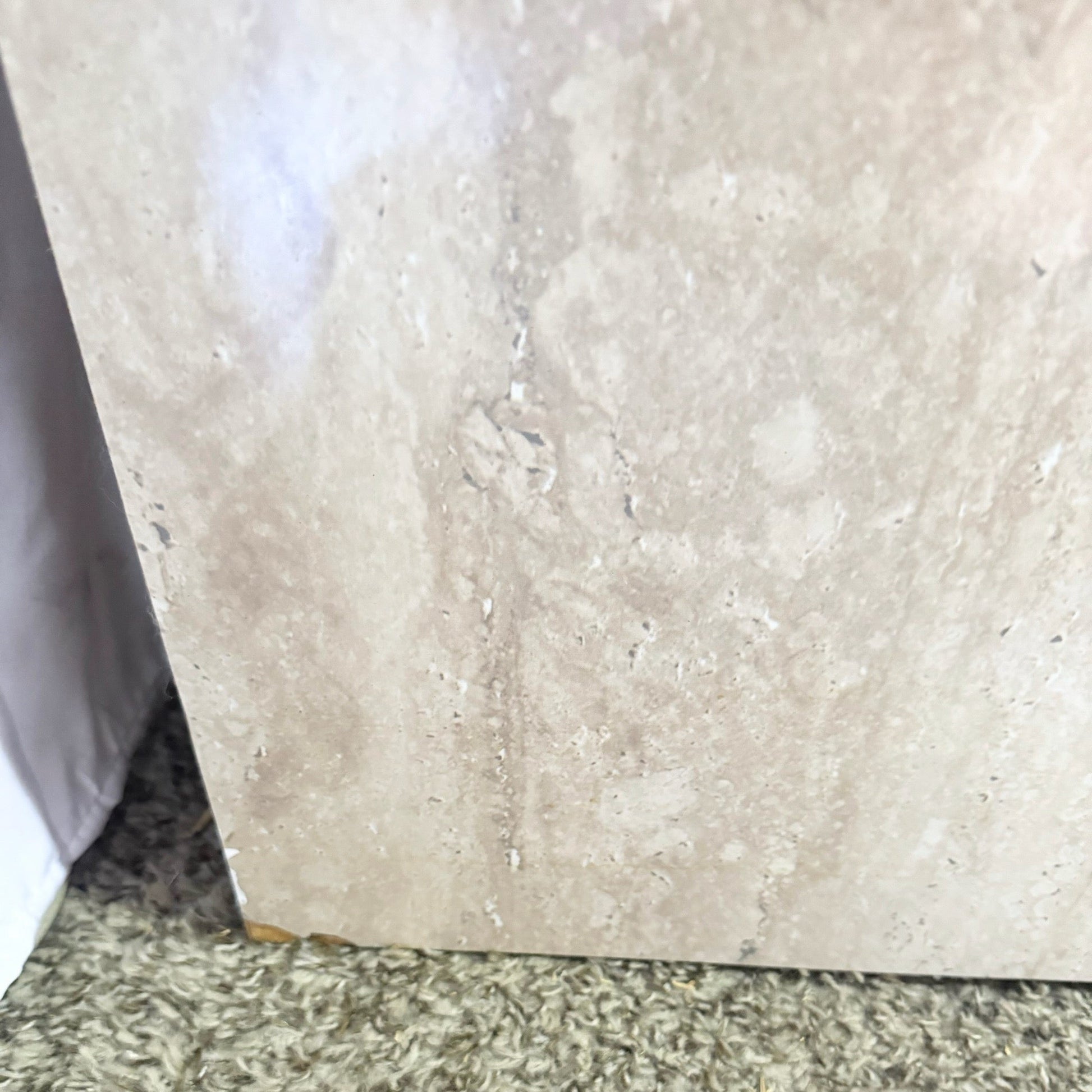 Postmodern Faux Travertine Laminate Waterfall Credenza With Gold Accent - Dolphin & Flamingo