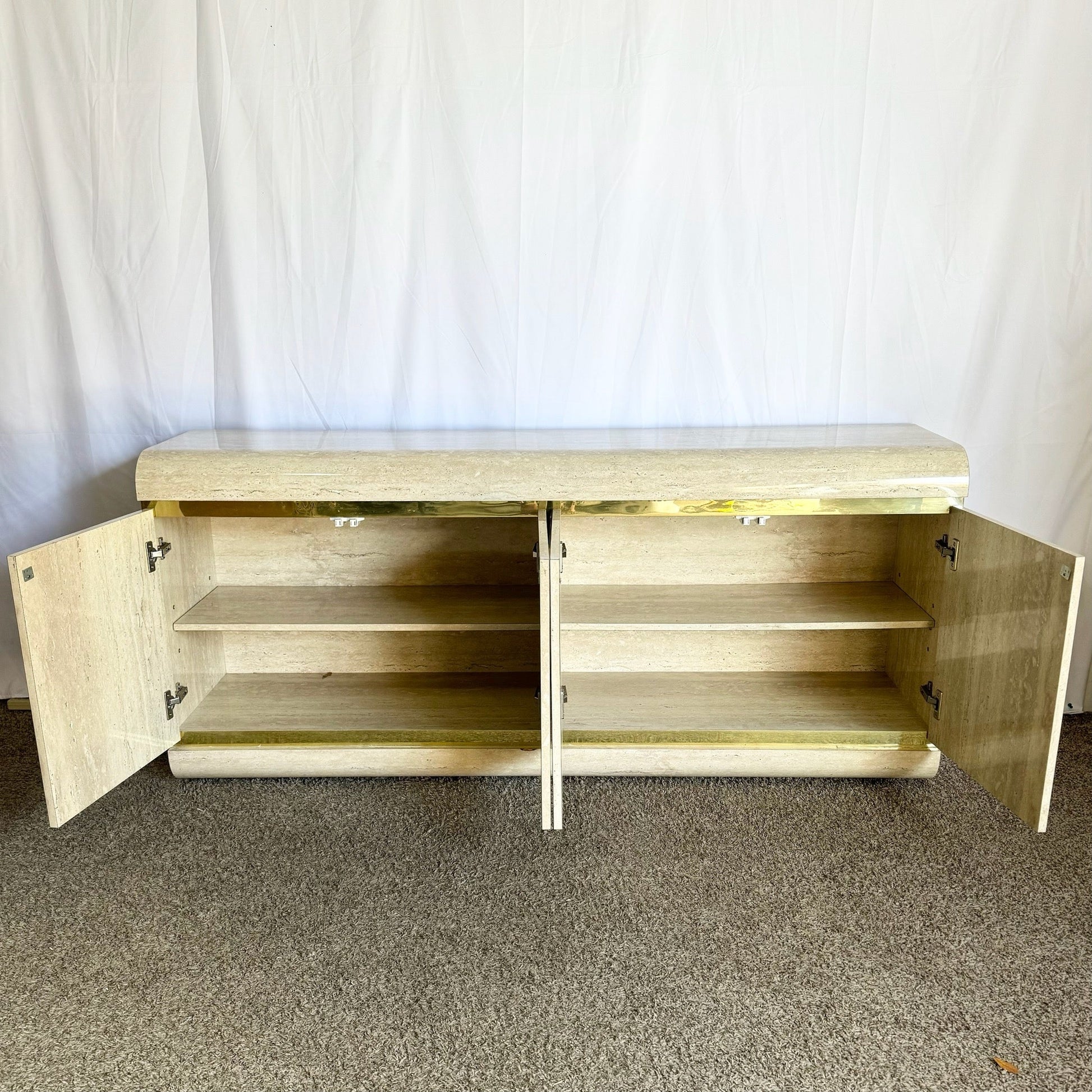Postmodern Faux Travertine Laminate Waterfall Credenza With Gold Accent - Dolphin & Flamingo