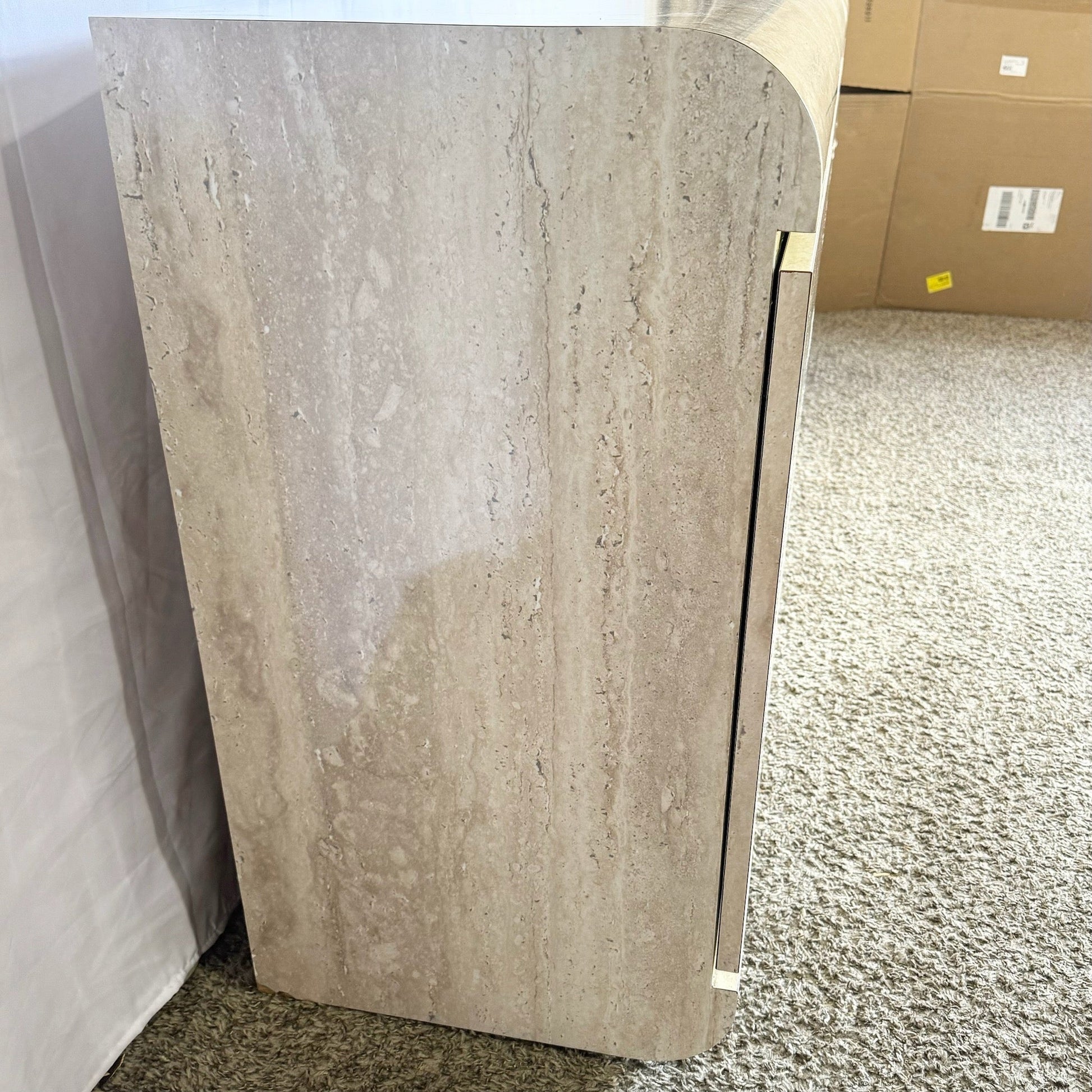 Postmodern Faux Travertine Laminate Waterfall Credenza With Gold Accent - Dolphin & Flamingo