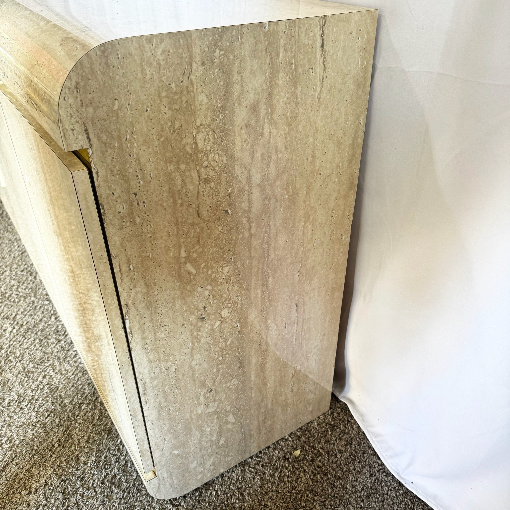 Postmodern Faux Travertine Laminate Waterfall Credenza With Gold Accent - Dolphin & Flamingo