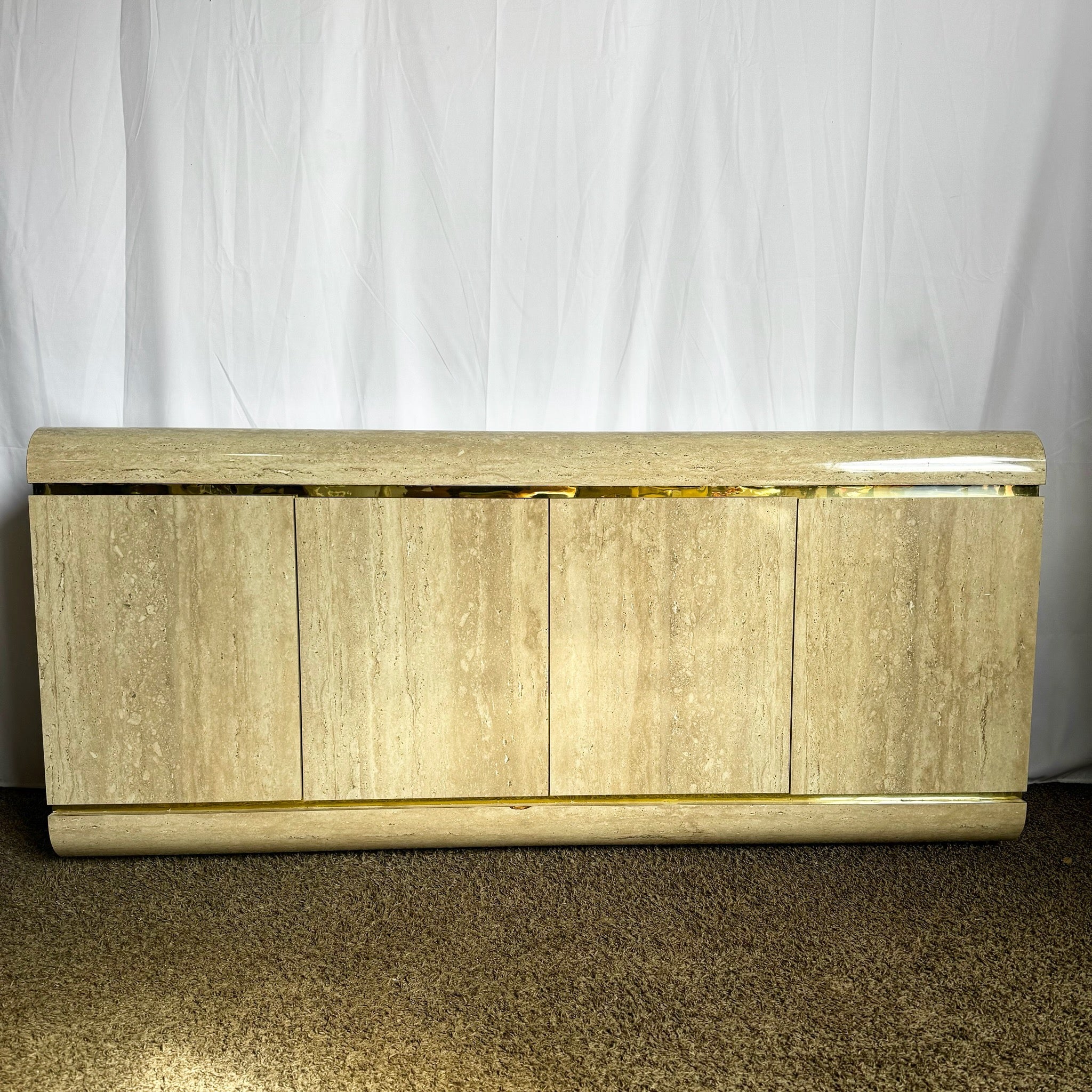Postmodern Faux Travertine Laminate Waterfall Credenza With Gold Accent - Dolphin & Flamingo