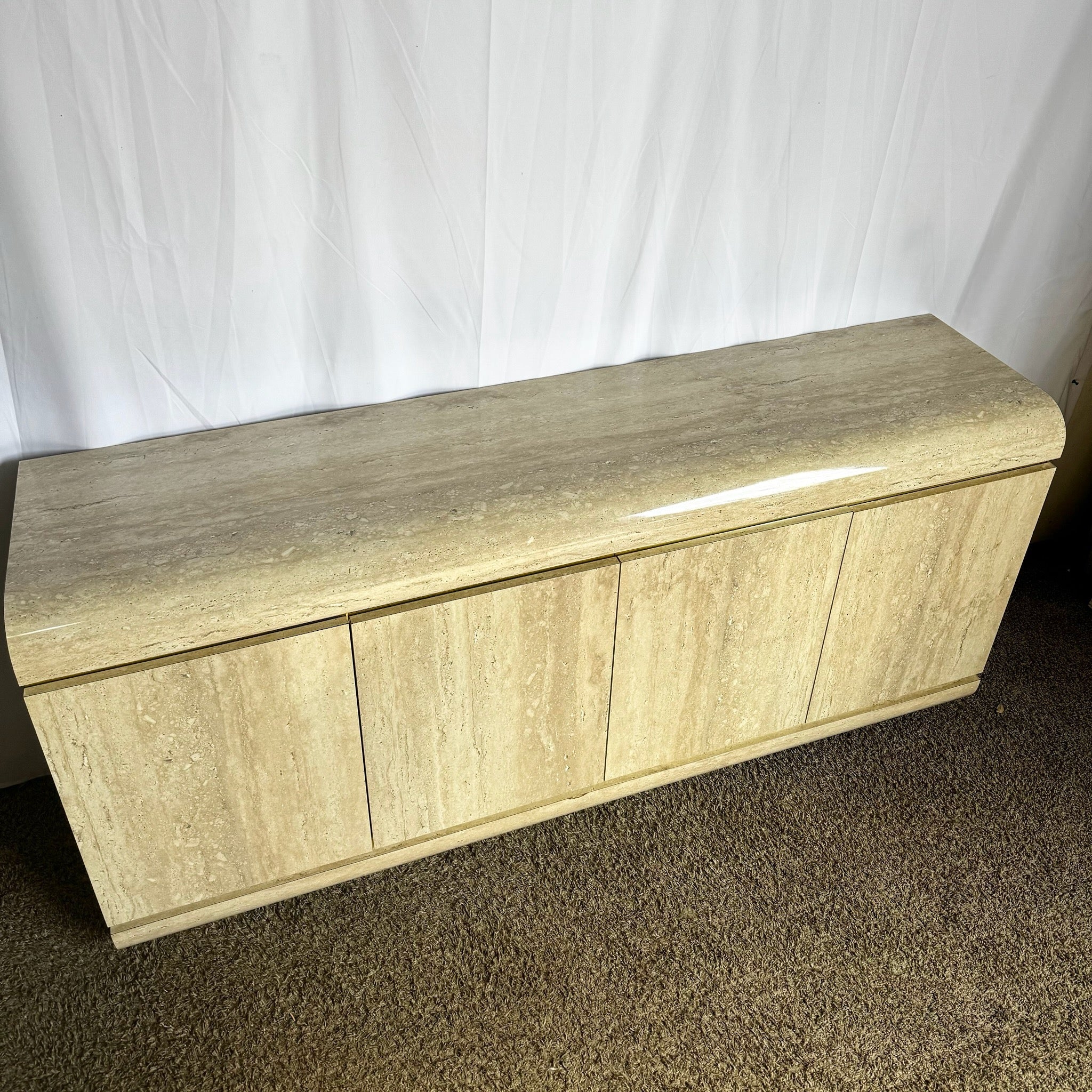 Postmodern Faux Travertine Laminate Waterfall Credenza With Gold Accent - Dolphin & Flamingo