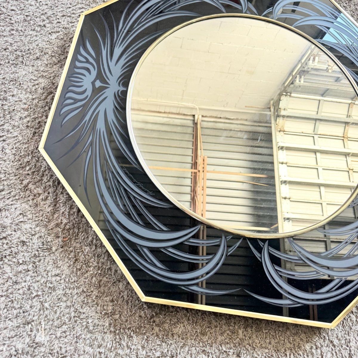 Postmodern Framed and Etched Octagonal Wall Mirror by Richard Sandoval - Dolphin & Flamingo